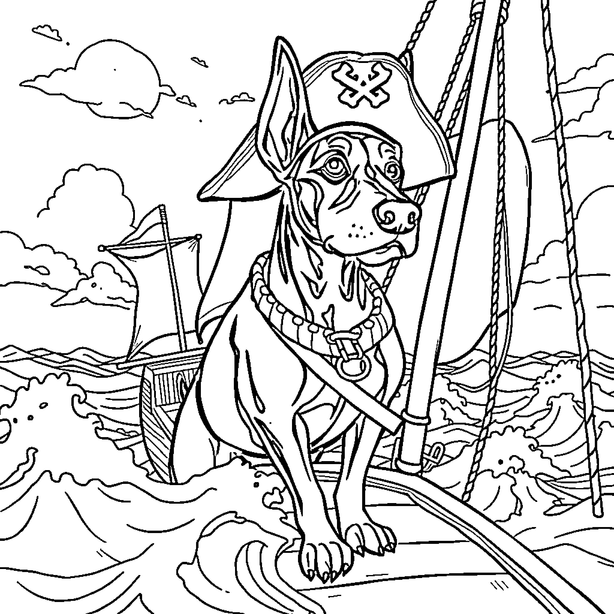 Dobermann pirate dog on a ship at sea Coloring Page (free black-and-white line drawing printable PDF for all, from beginners to advanced learners, including children, teens, adults, and seniors)