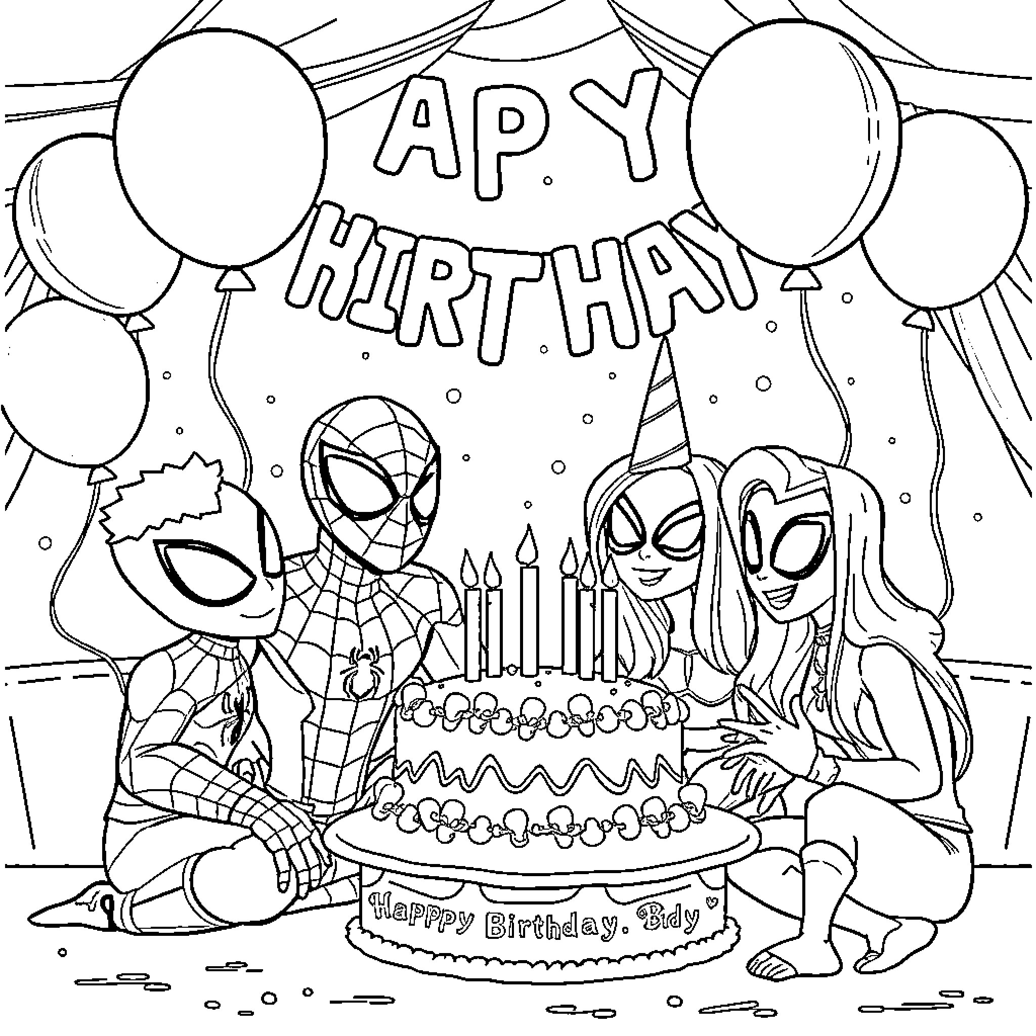 Spidey Celebrates a Happy Birthday with Friends Coloring Page (free black-and-white line drawing printable PDF for all, from beginners to advanced learners, including children, teens, adults, and seniors)