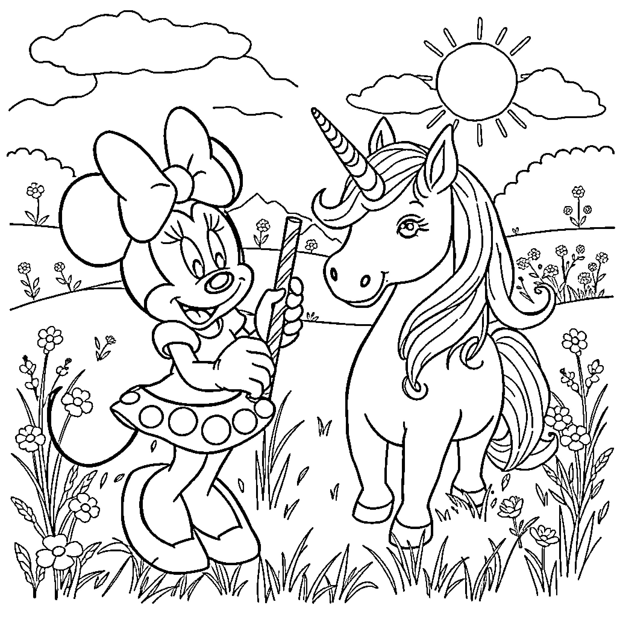 Minnie Mouse and a Magical Unicorn in a Whimsical Meadow Coloring Page (free black-and-white line drawing printable PDF for all, from beginners to advanced learners, including children, teens, adults, and seniors)