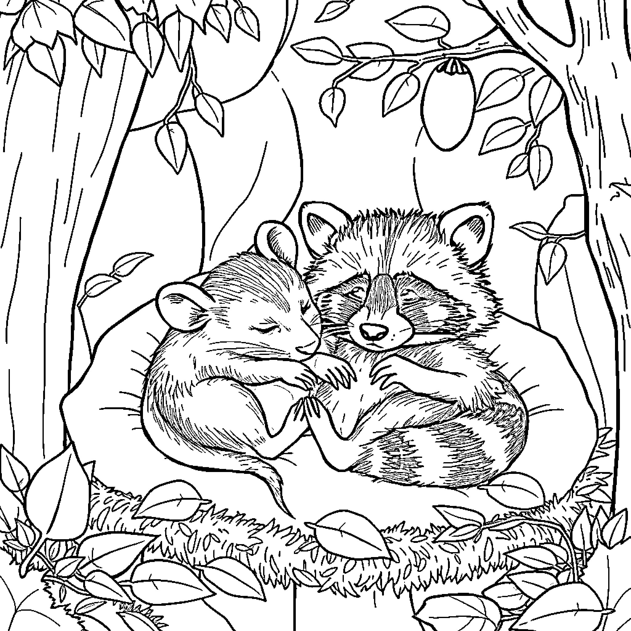 Rat napping together in forest Coloring Page (free black-and-white line drawing printable PDF for all, from beginners to advanced learners, including children, teens, adults, and seniors)