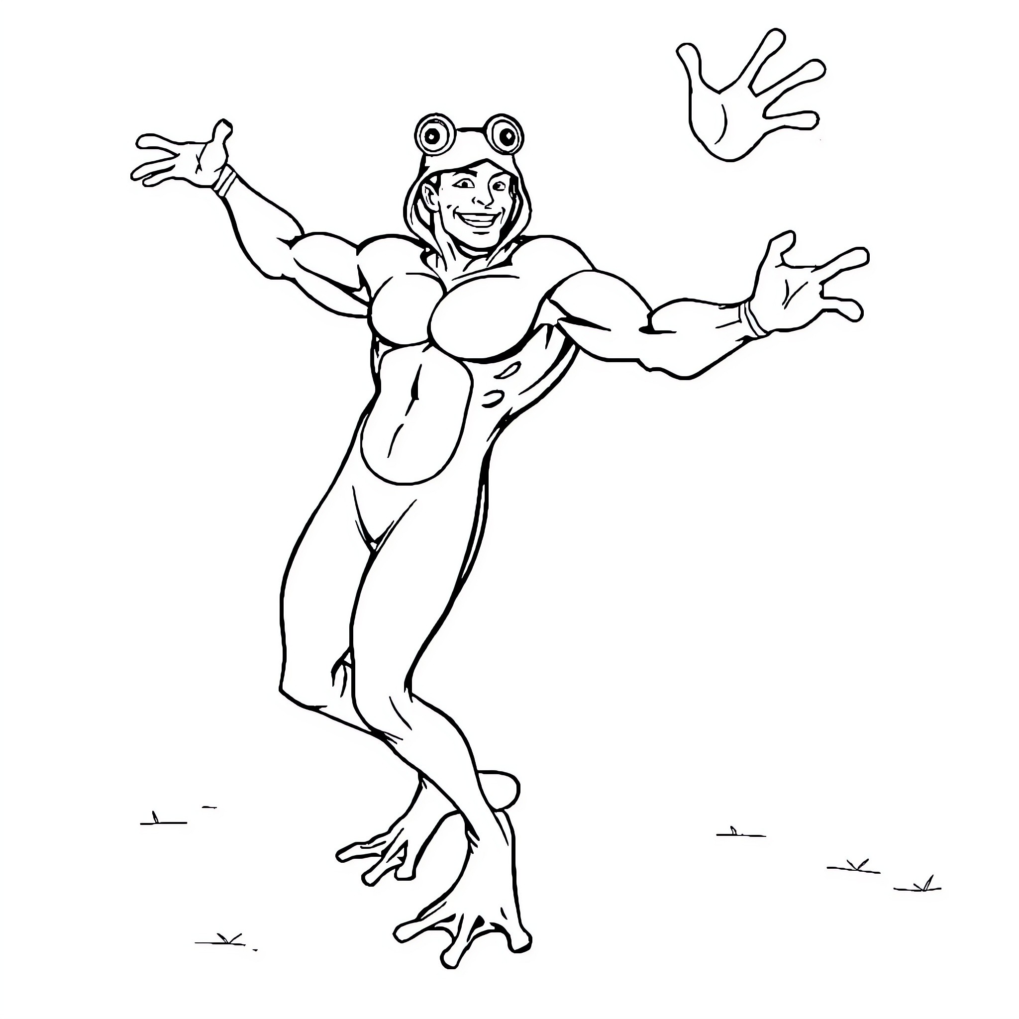Man in frog costume jumping joyfully Coloring Page (free black-and-white line drawing printable PDF for all, from beginners to advanced learners, including children, teens, adults, and seniors)
