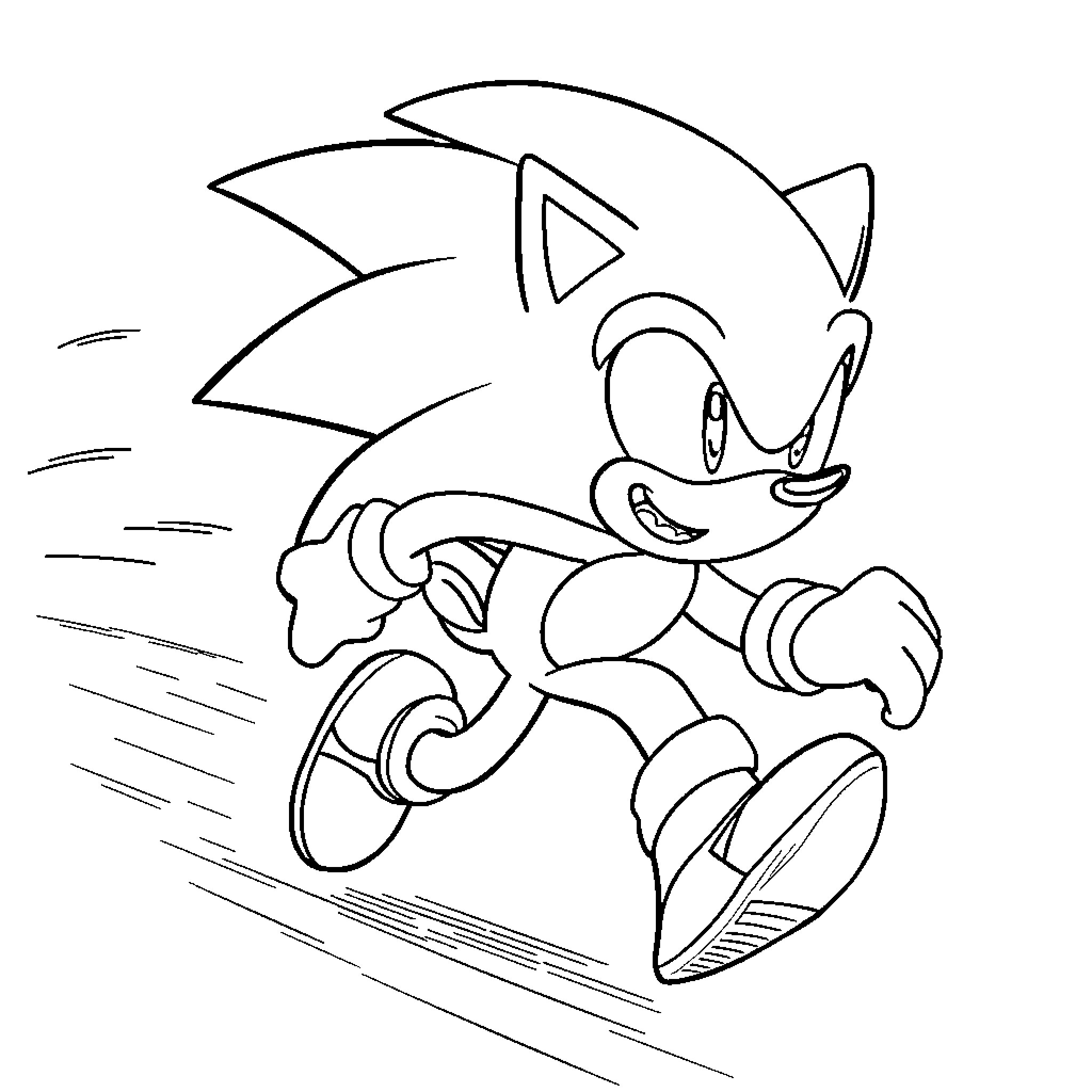 Sonic the Hedgehog racing speedily forward Coloring Page (free black-and-white line drawing printable PDF for all, from beginners to advanced learners, including children, teens, adults, and seniors)