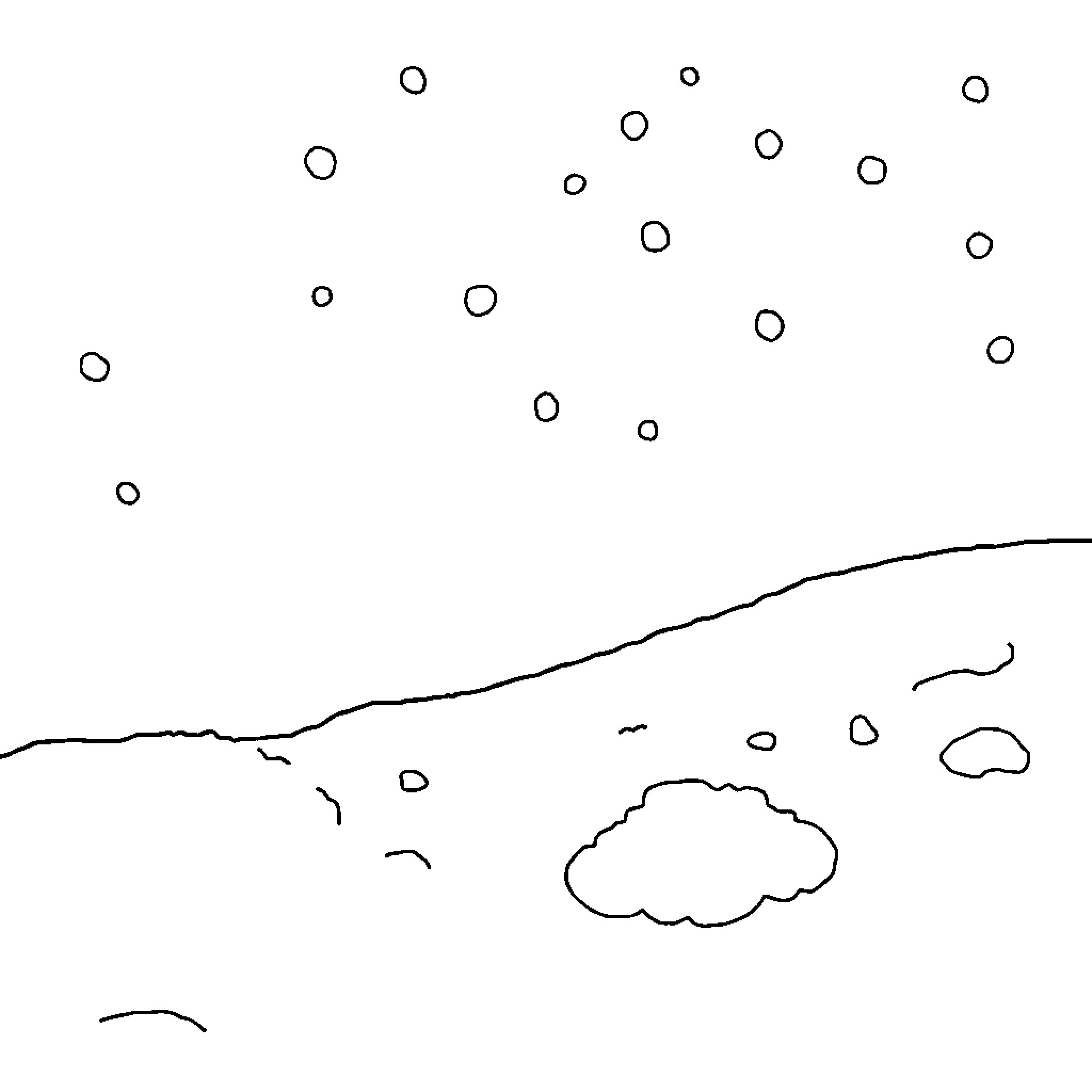 Snow landscape with clouds and falling objects Coloring Page (free black-and-white line drawing printable PDF for all, from beginners to advanced learners, including children, teens, adults, and seniors)