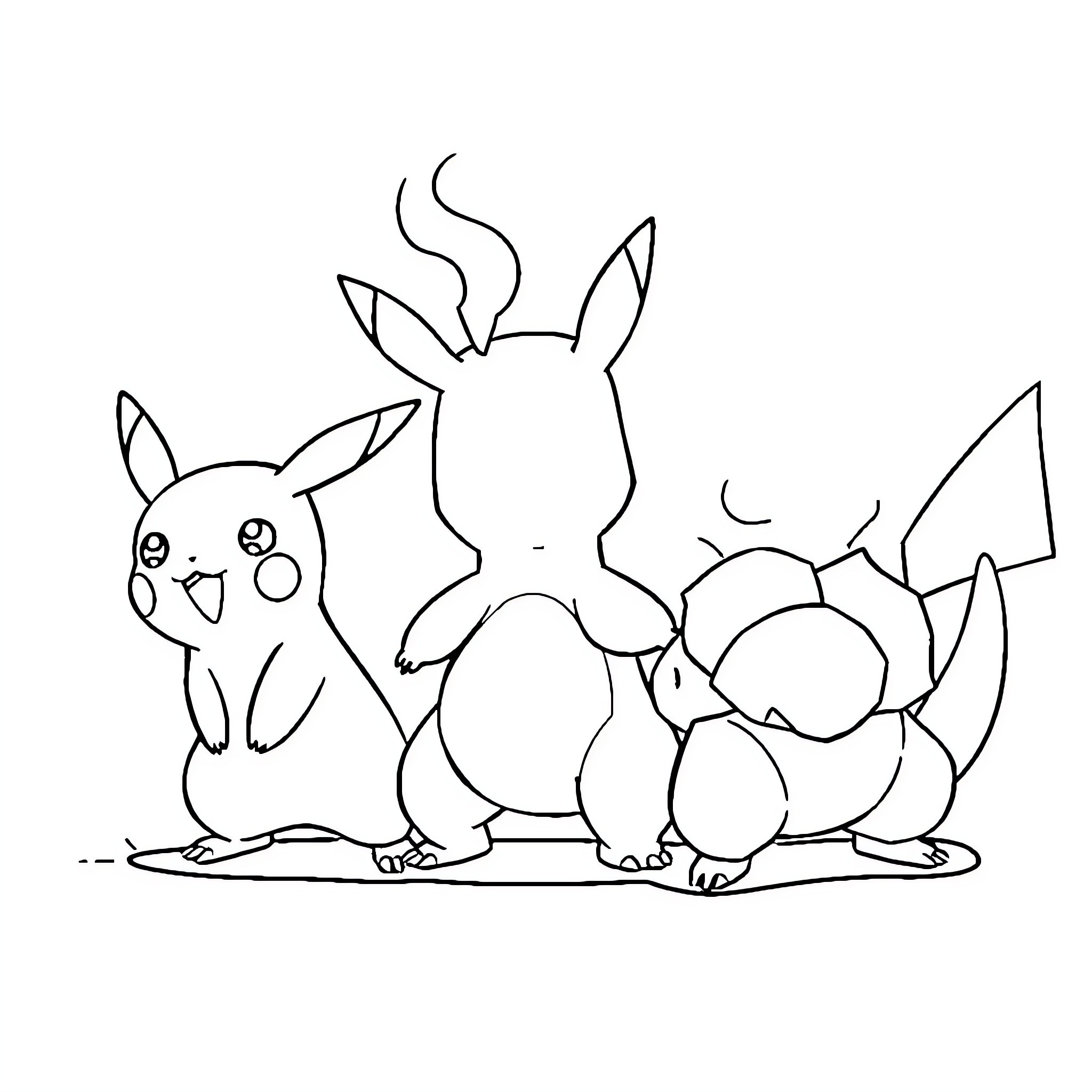 Pokémon characters in a playful scene Coloring Page (free black-and-white line drawing printable PDF for all, from beginners to advanced learners, including children, teens, adults, and seniors)
