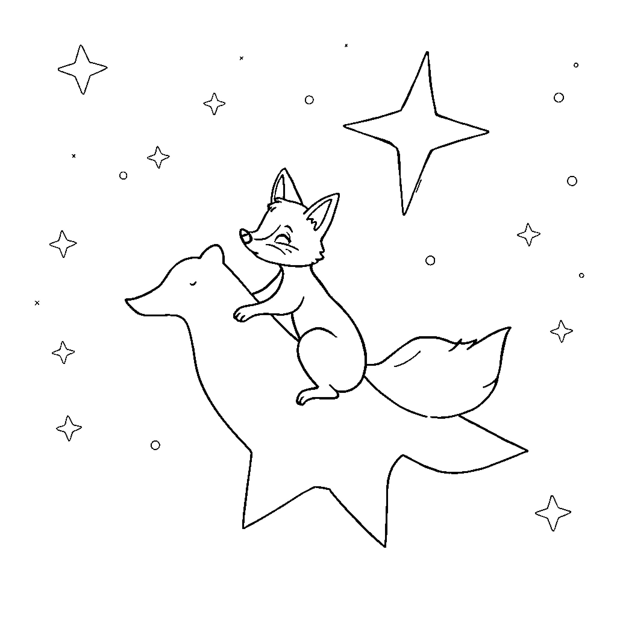 Fox frolicking among the stars Coloring Page (free black-and-white line drawing printable PDF for all, from beginners to advanced learners, including children, teens, adults, and seniors)