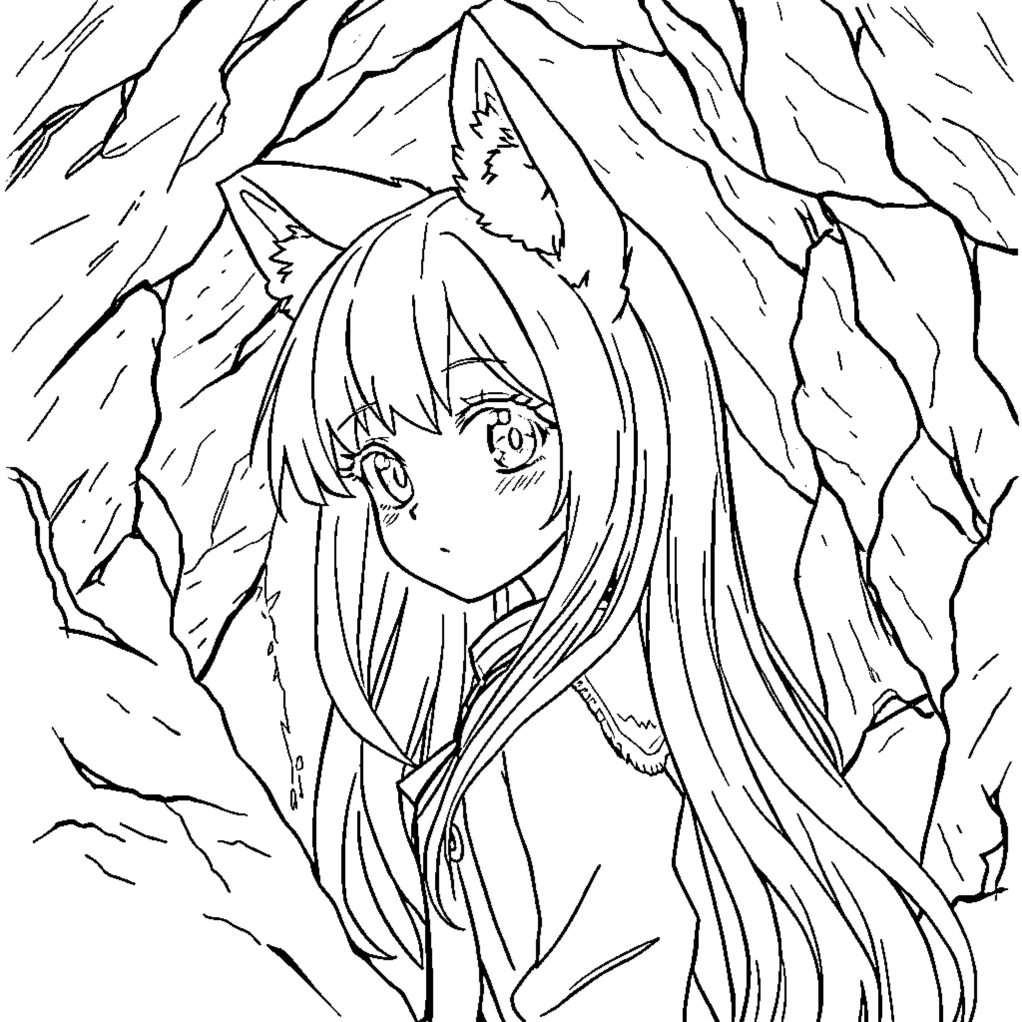 Anime Girl Surrounded by Mysterious Forest Coloring Page (free black-and-white line drawing printable PDF for all, from beginners to advanced learners, including children, teens, adults, and seniors)