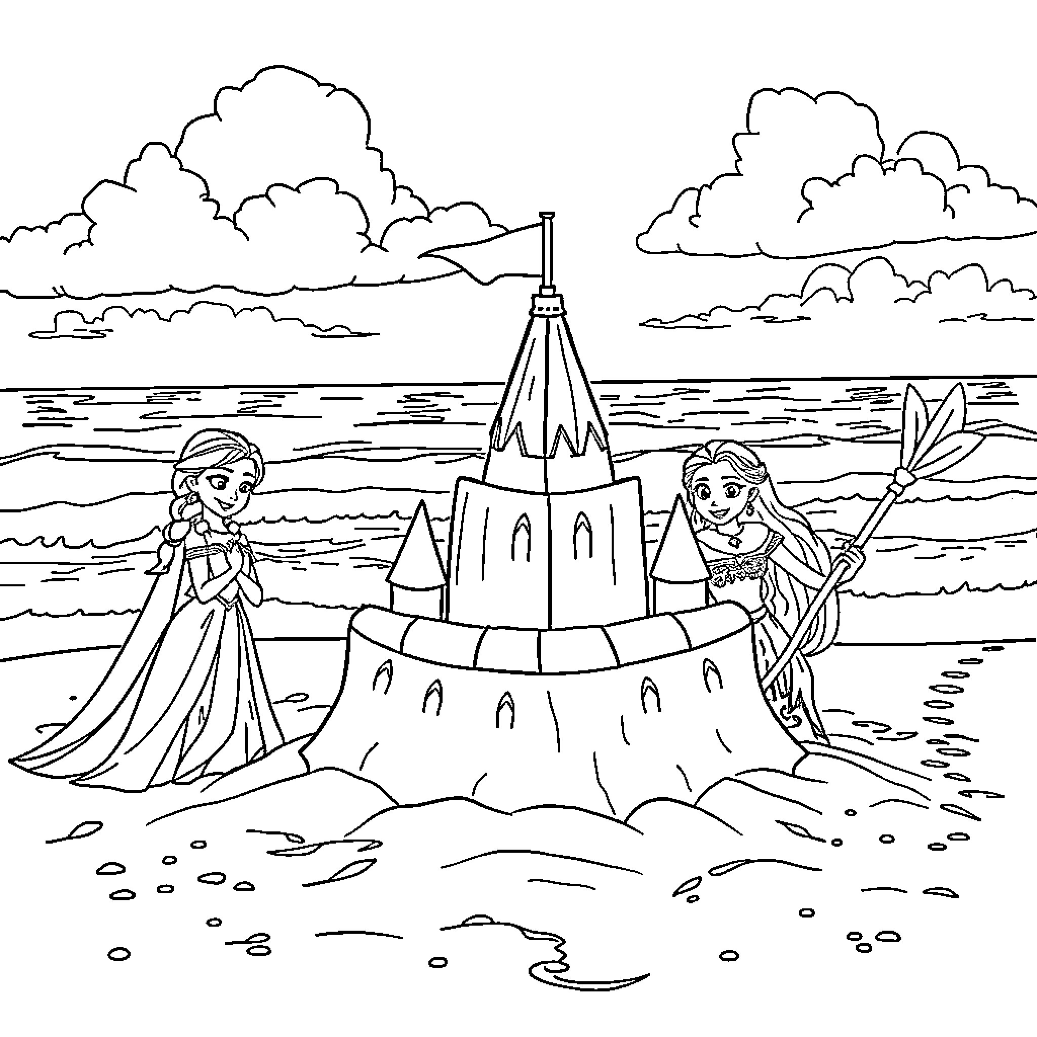 Princess and Mermaid Building Sandcastle by the Sea Coloring Page (free black-and-white line drawing printable PDF for all, from beginners to advanced learners, including children, teens, adults, and seniors)