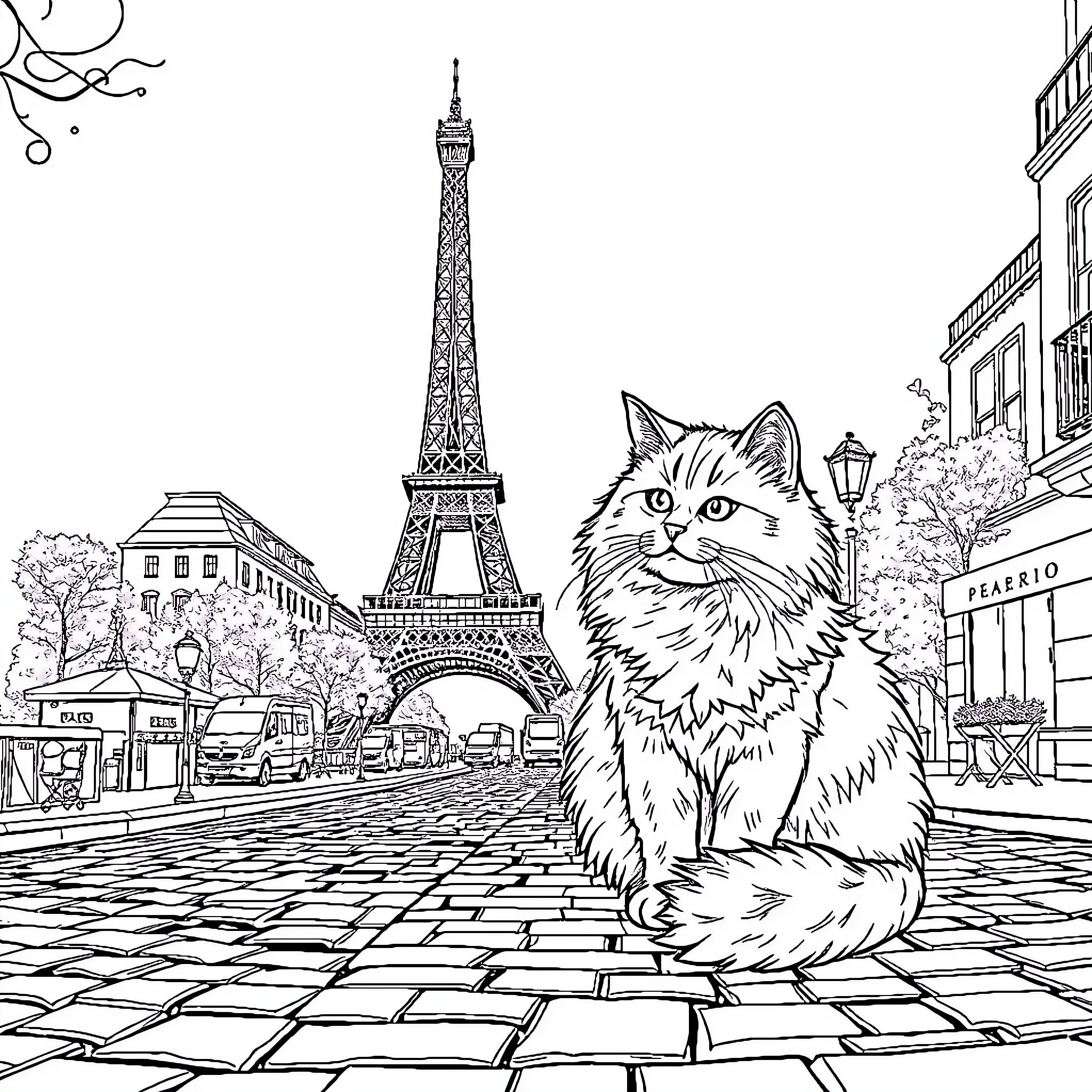 Cat exploring the streets of Paris Coloring Page (free black-and-white line drawing printable PDF for all, from beginners to advanced learners, including children, teens, adults, and seniors)