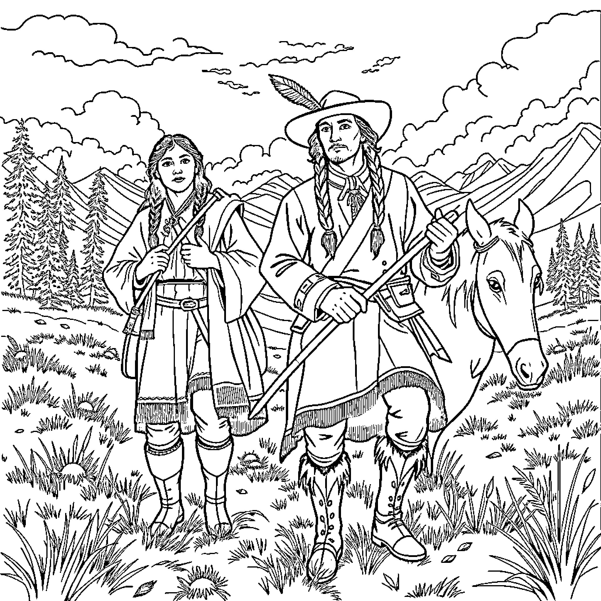 Sacagawea and the Frontier Explorer in the Wilderness Coloring Page (free black-and-white line drawing printable PDF for all, from beginners to advanced learners, including children, teens, adults, and seniors)