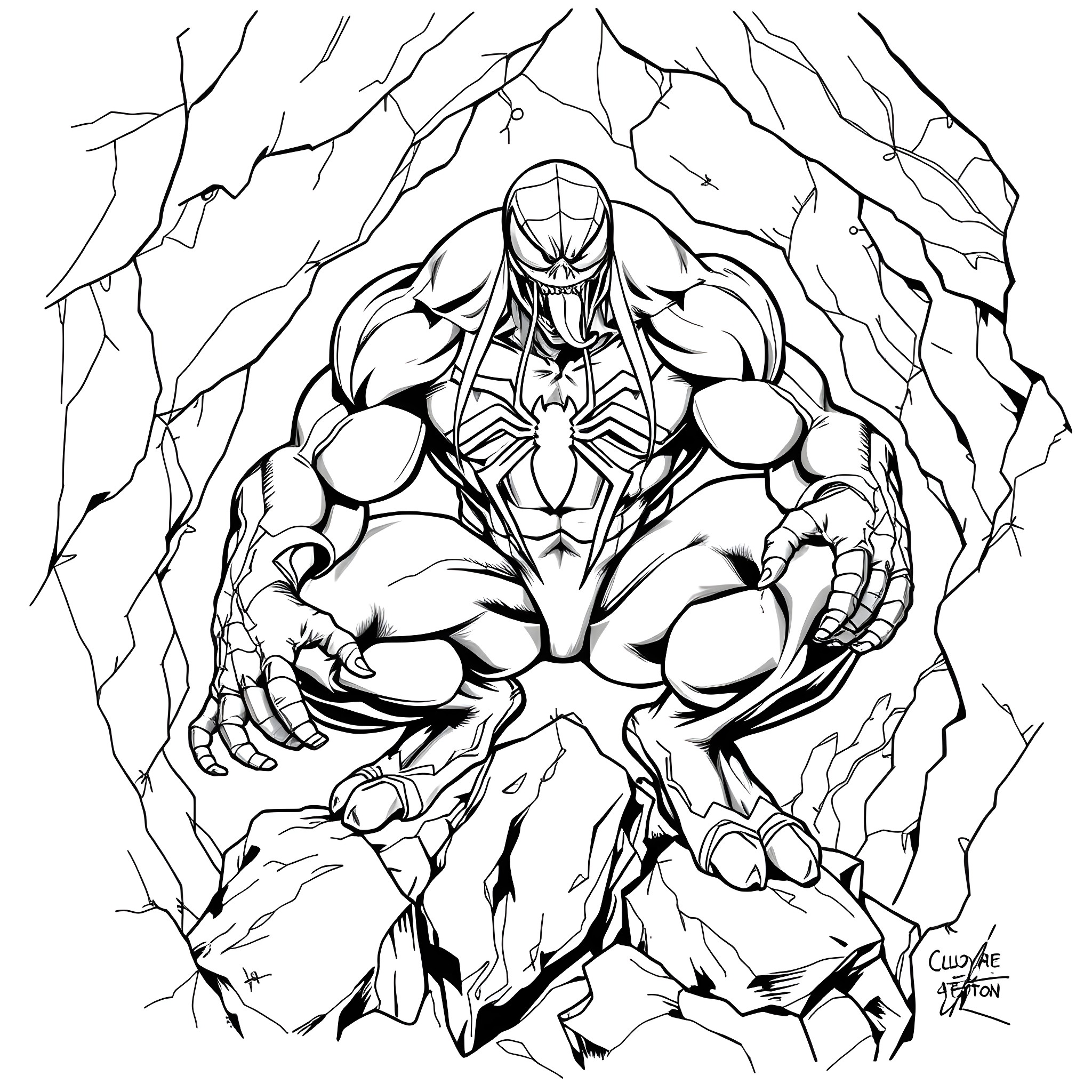 Venom bursting through the rocks Coloring Page (free black-and-white line drawing printable PDF for all, from beginners to advanced learners, including children, teens, adults, and seniors)