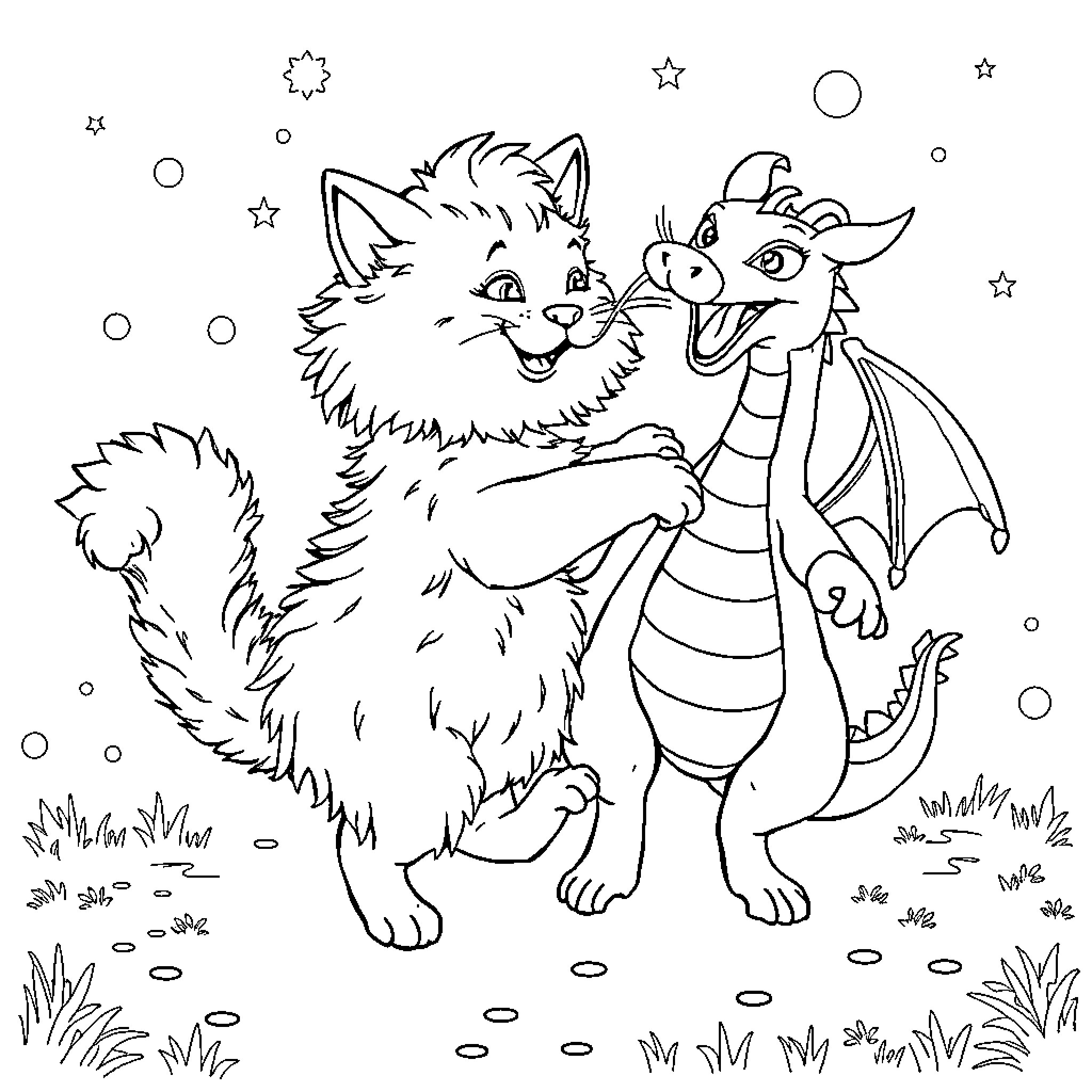 Cat with a dragon friend in a whimsical setting Coloring Page (free black-and-white line drawing printable PDF for all, from beginners to advanced learners, including children, teens, adults, and seniors)