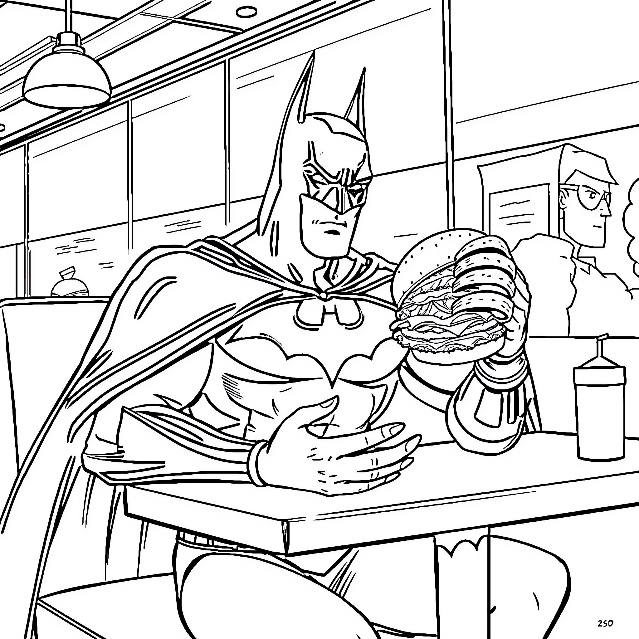 Batman Enjoying a Tasty Burger in the Diner Coloring Page (free black-and-white line drawing printable PDF for all, from beginners to advanced learners, including children, teens, adults, and seniors)