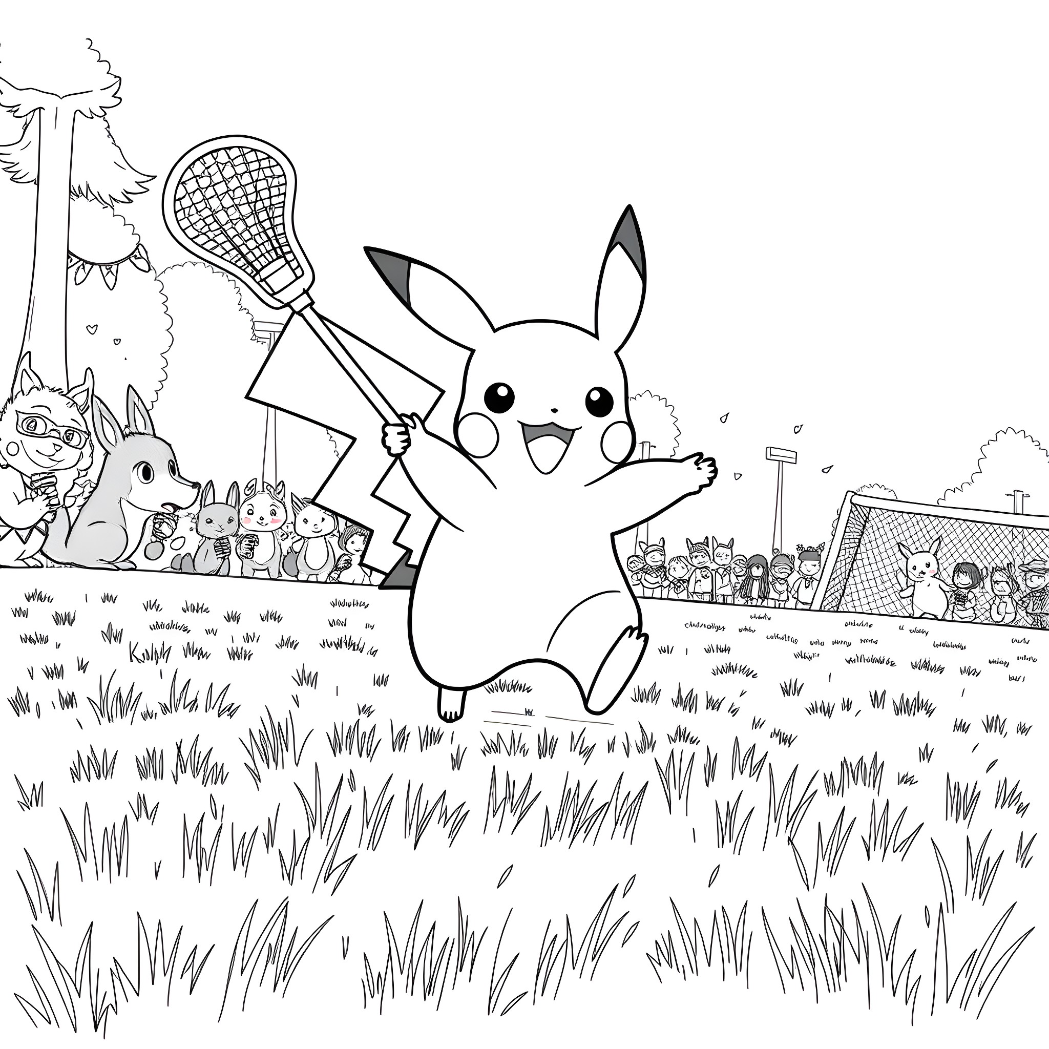 Pikachu playing tennis with friends in the park Coloring Page (free black-and-white line drawing printable PDF for all, from beginners to advanced learners, including children, teens, adults, and seniors)