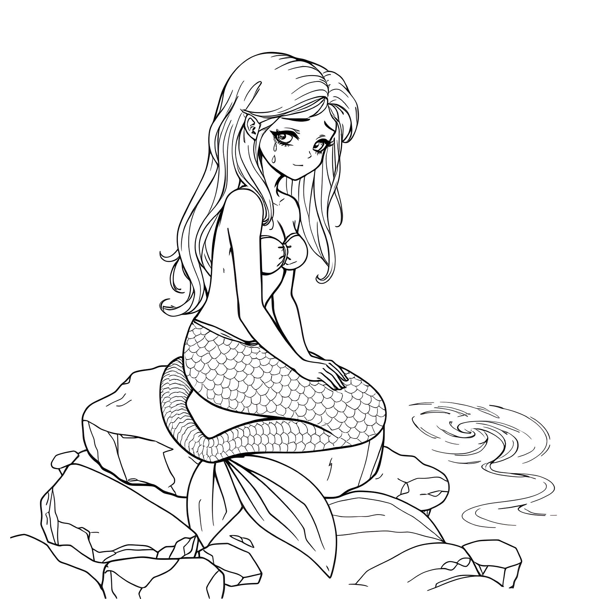 Mermaid sitting on rocks Coloring Page (free black-and-white line drawing printable PDF for all, from beginners to advanced learners, including children, teens, adults, and seniors)