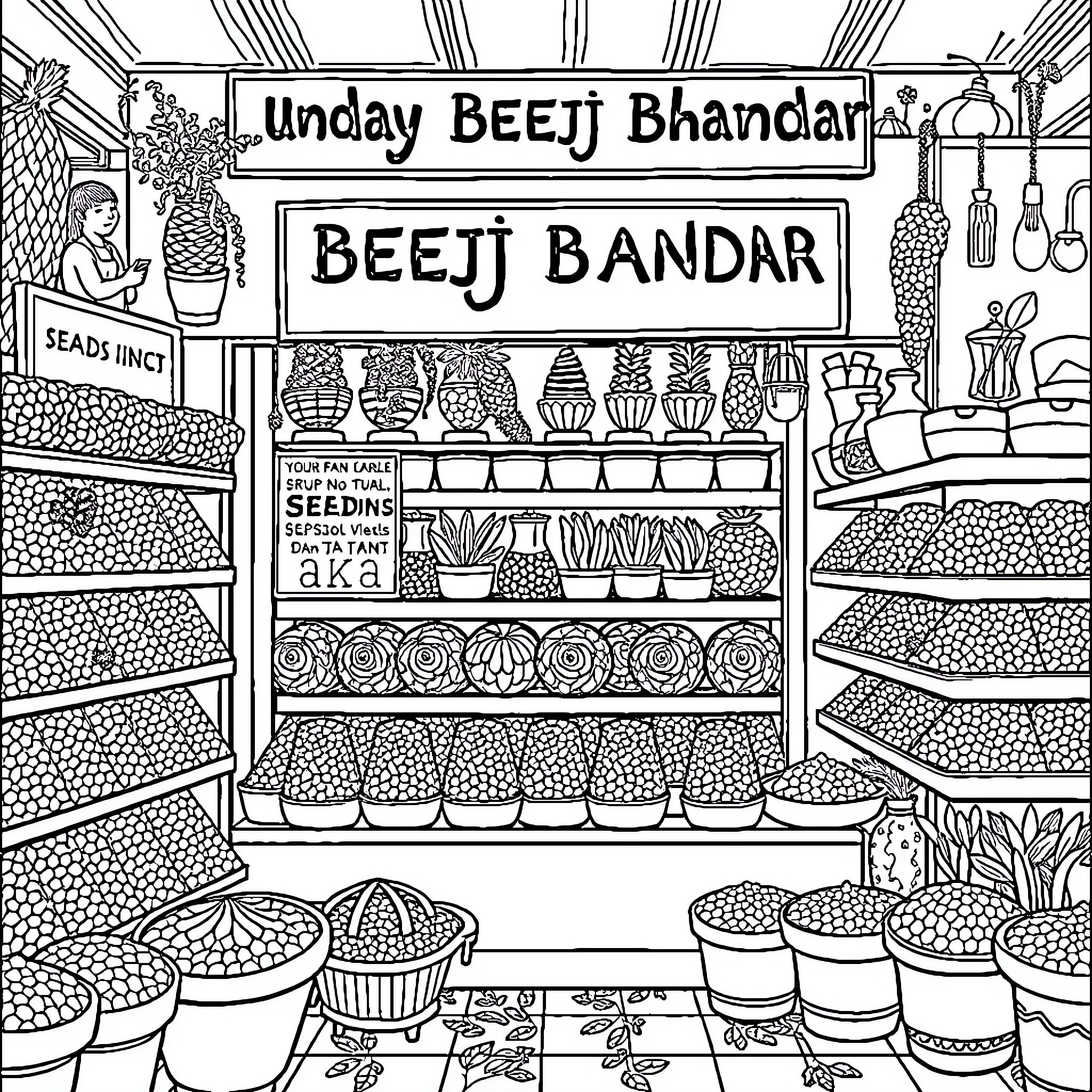 Uday Beej Bhandar: Bustling Beej Bandar Storefront Coloring Page (free black-and-white line drawing printable PDF for all, from beginners to advanced learners, including children, teens, adults, and seniors)