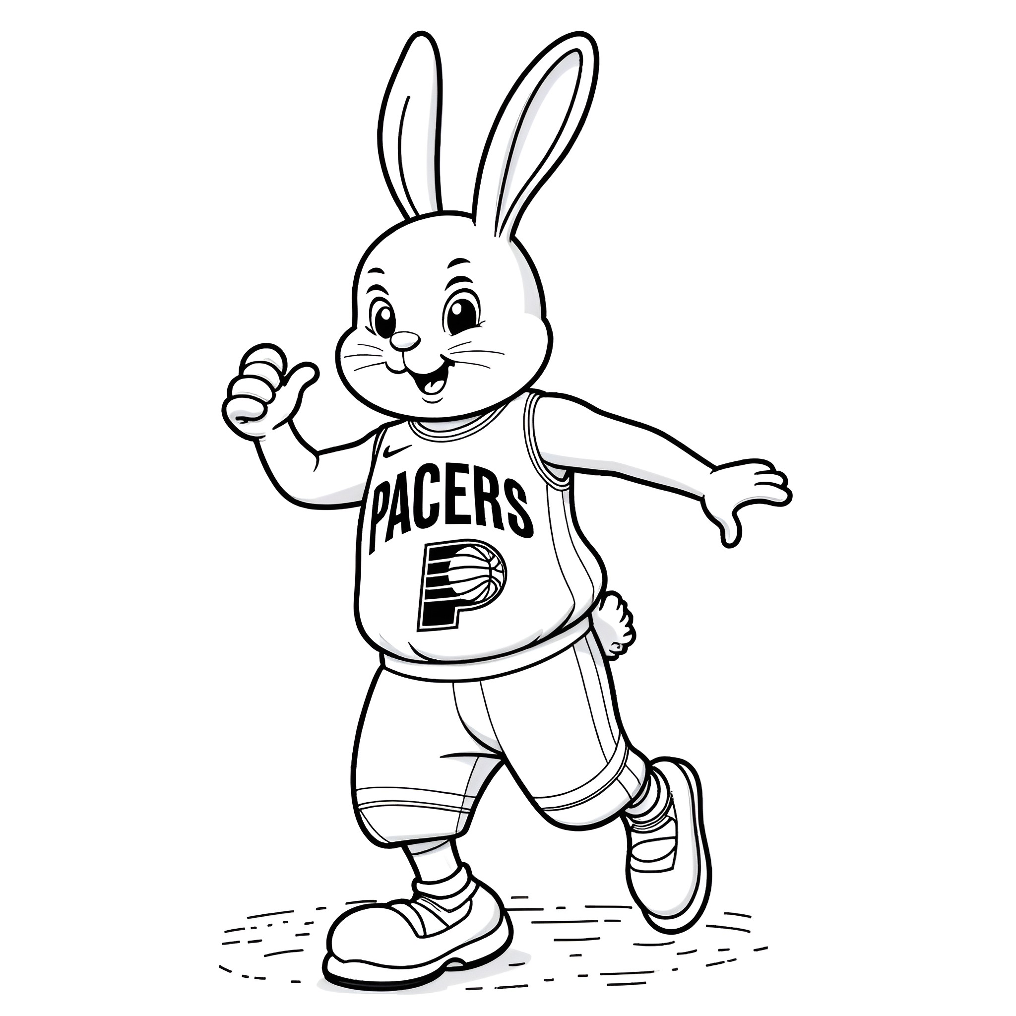 Bunny mascot in basketball jersey cheering Coloring Page (free black-and-white line drawing printable PDF for all, from beginners to advanced learners, including children, teens, adults, and seniors)