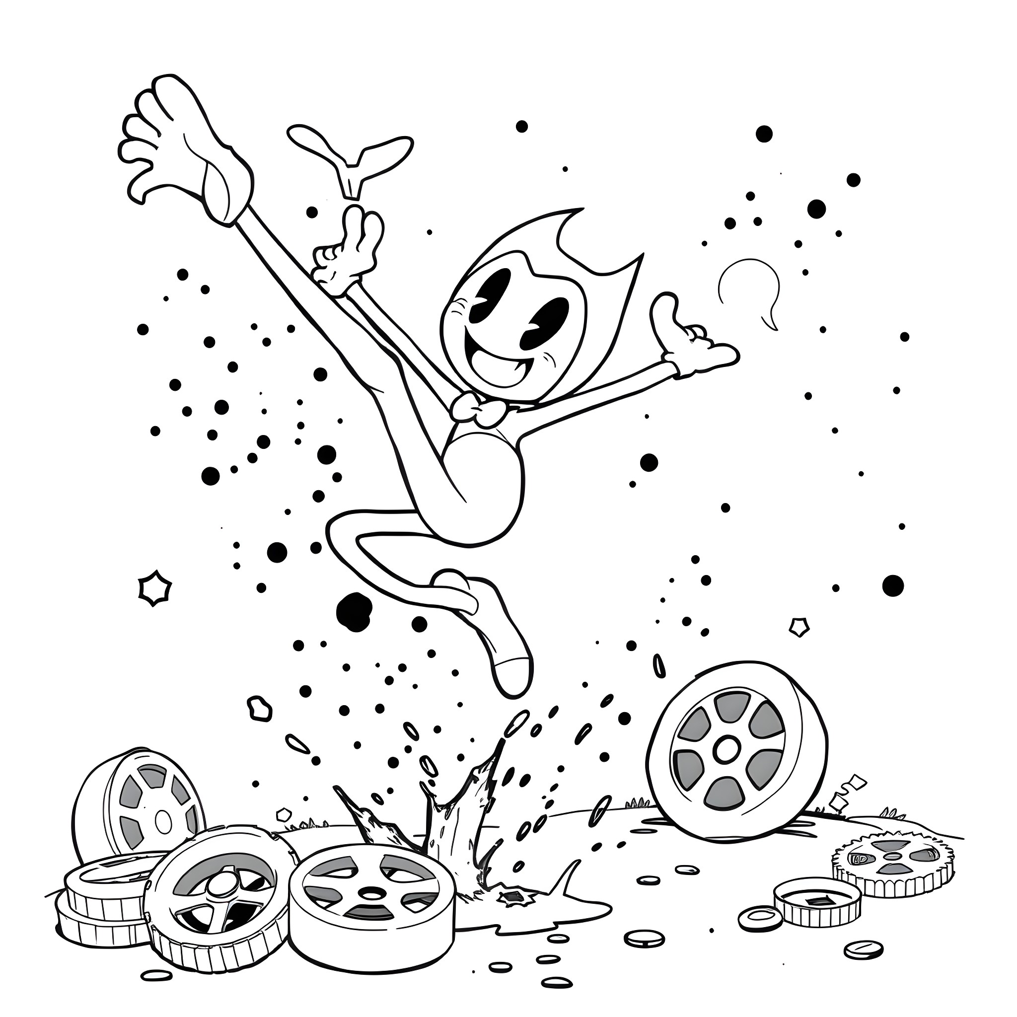 Bendy character joyfully jumping amidst film reels and movie effects Coloring Page (free black-and-white line drawing printable PDF for all, from beginners to advanced learners, including children, teens, adults, and seniors)