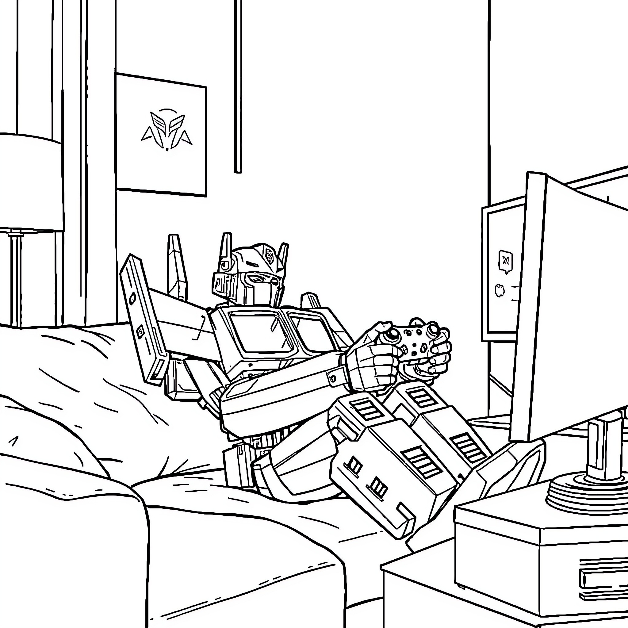 Optimus Prime overseeing robotic operations in the command center Coloring Page (free black-and-white line drawing printable PDF for all, from beginners to advanced learners, including children, teens, adults, and seniors)