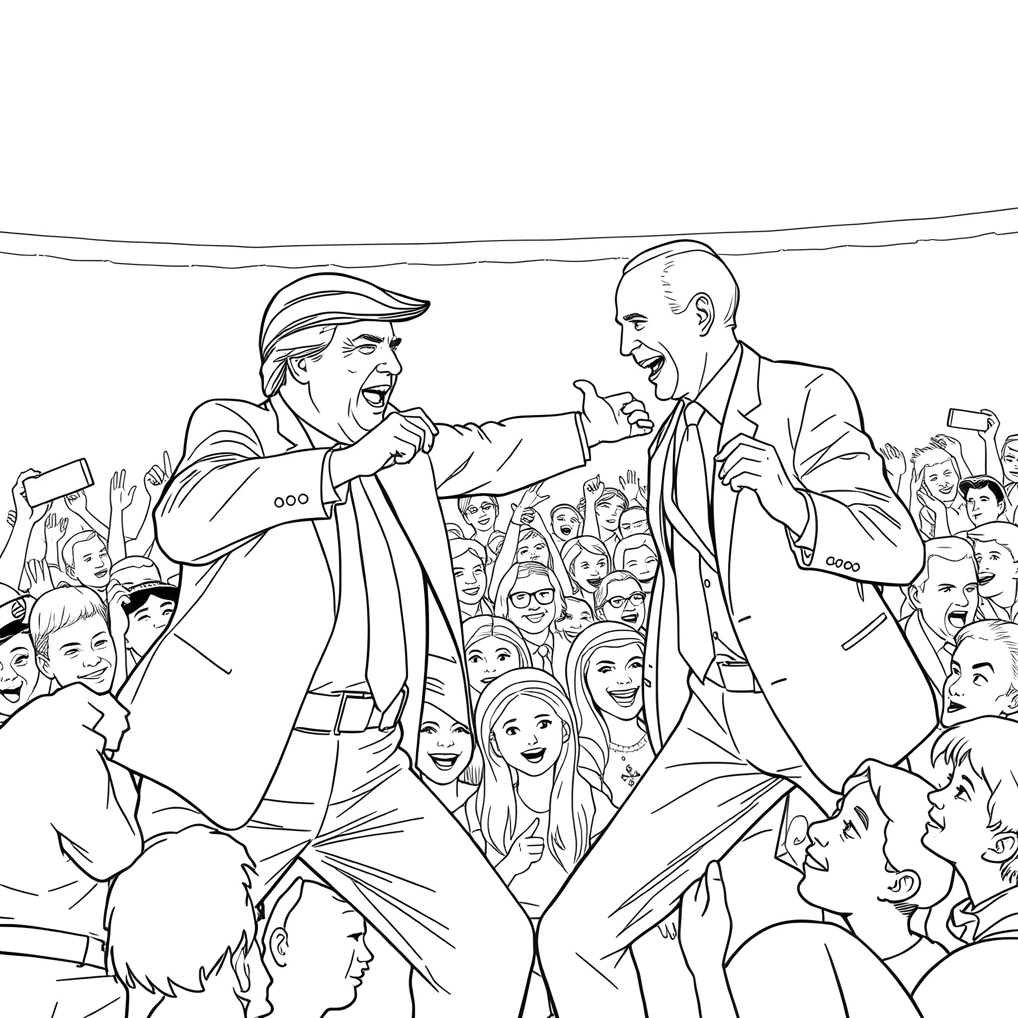 Donald Trump Addressing Enthusiastic Supporters at Rally Coloring Page (free black-and-white line drawing printable PDF for all, from beginners to advanced learners, including children, teens, adults, and seniors)