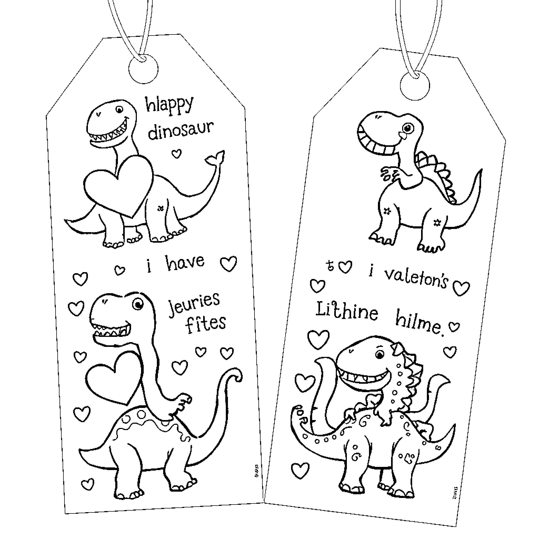 Dinosaur-themed Gift Tags with Playful Expressions Coloring Page (free black-and-white line drawing printable PDF for all, from beginners to advanced learners, including children, teens, adults, and seniors)