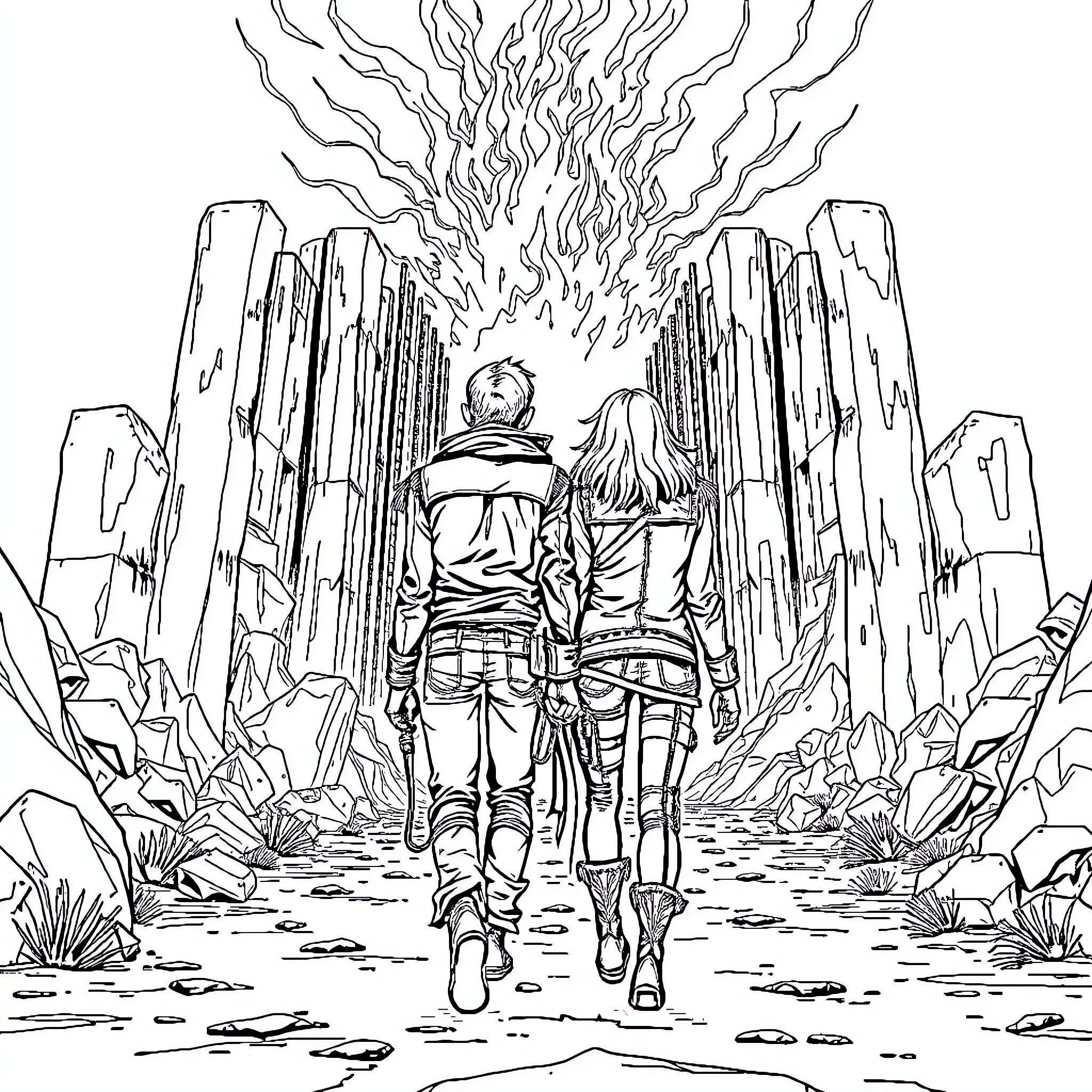 Mad Max-style Duo Facing Apocalyptic Landscape Coloring Page (free black-and-white line drawing printable PDF for all, from beginners to advanced learners, including children, teens, adults, and seniors)