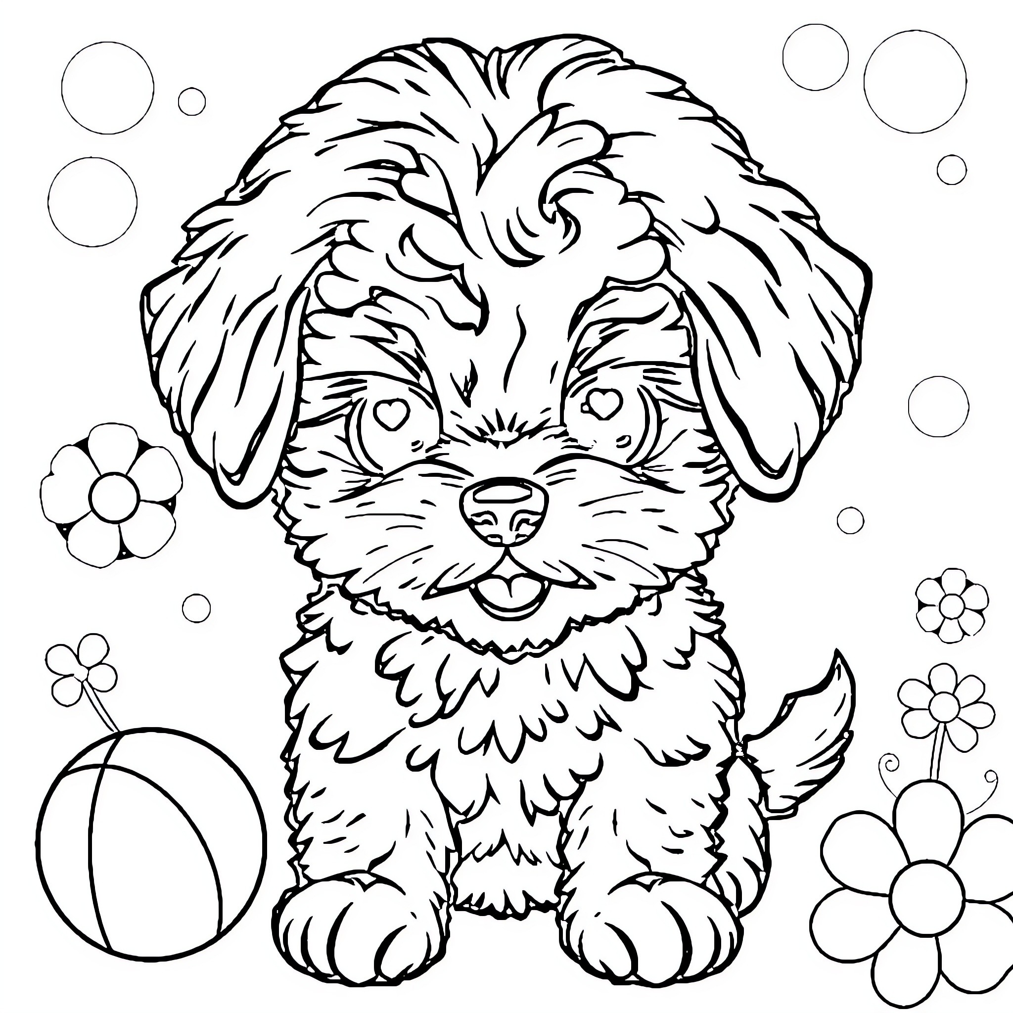 Maltipoo puppy playing with flowers Coloring Page (free black-and-white line drawing printable PDF for all, from beginners to advanced learners, including children, teens, adults, and seniors)