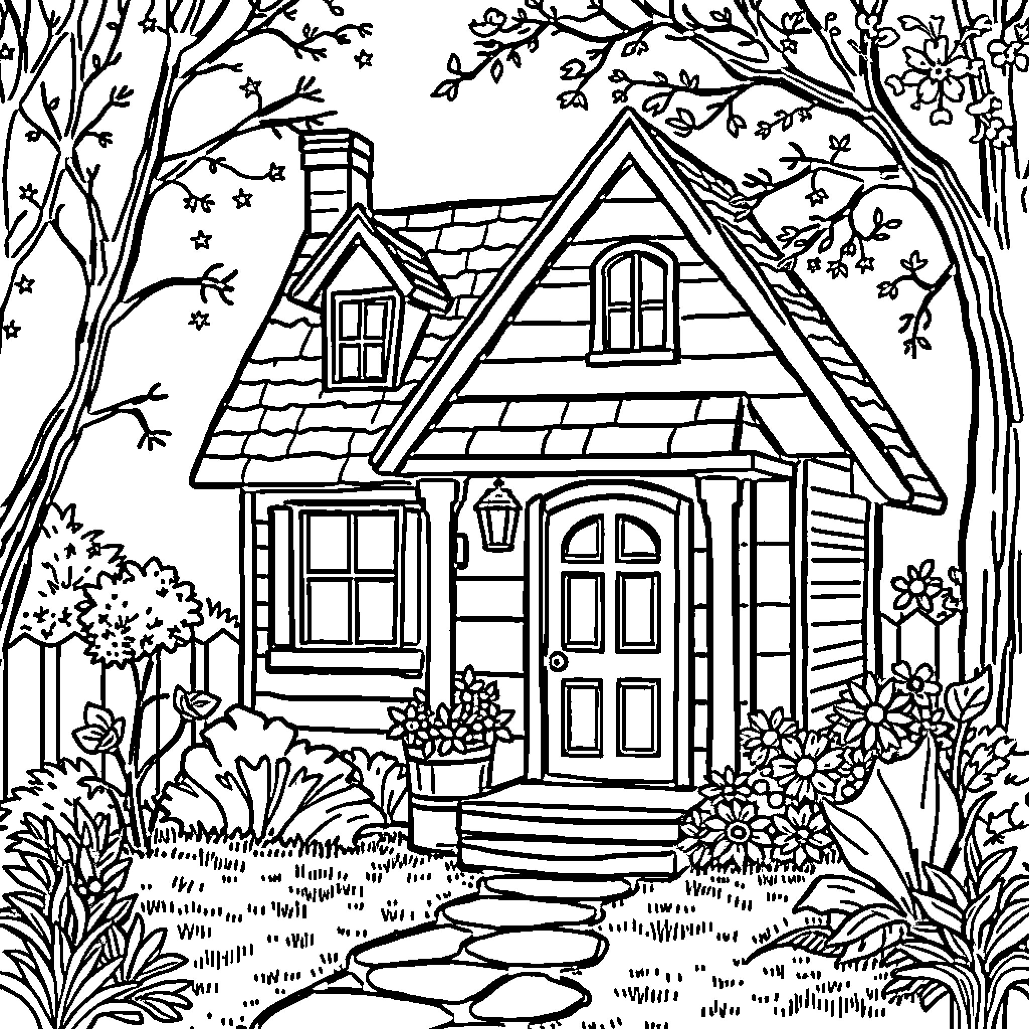 House with Charming Details in a Lush Garden Coloring Page (free black-and-white line drawing printable PDF for all, from beginners to advanced learners, including children, teens, adults, and seniors)