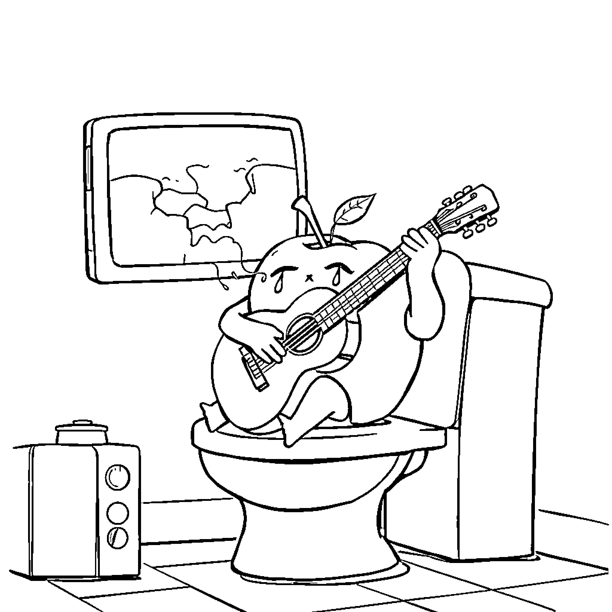 Apple playing guitar on the toilet Coloring Page (free black-and-white line drawing printable PDF for all, from beginners to advanced learners, including children, teens, adults, and seniors)