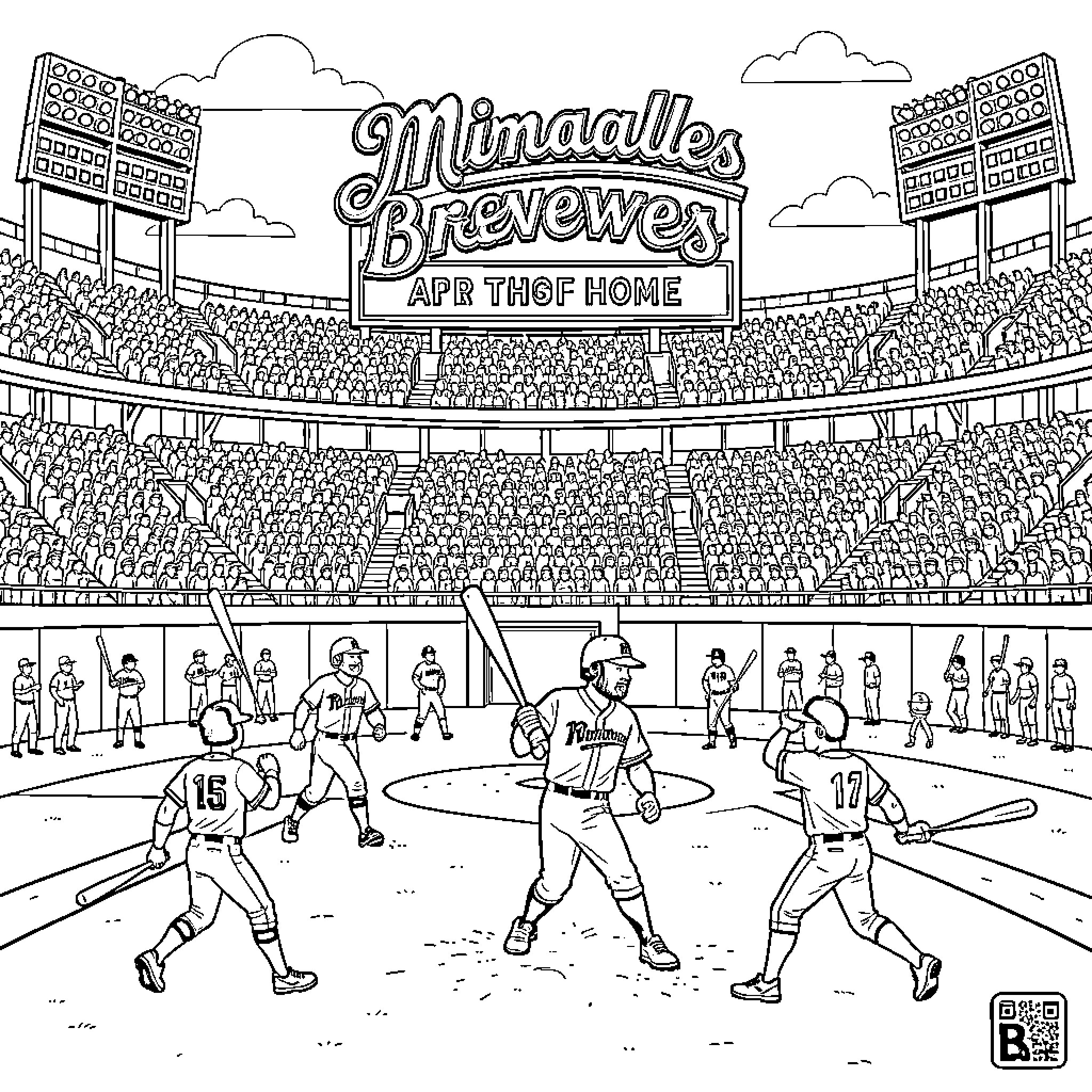 Milwaukee Brewers players competing during a baseball game Coloring Page (free black-and-white line drawing printable PDF for all, from beginners to advanced learners, including children, teens, adults, and seniors)