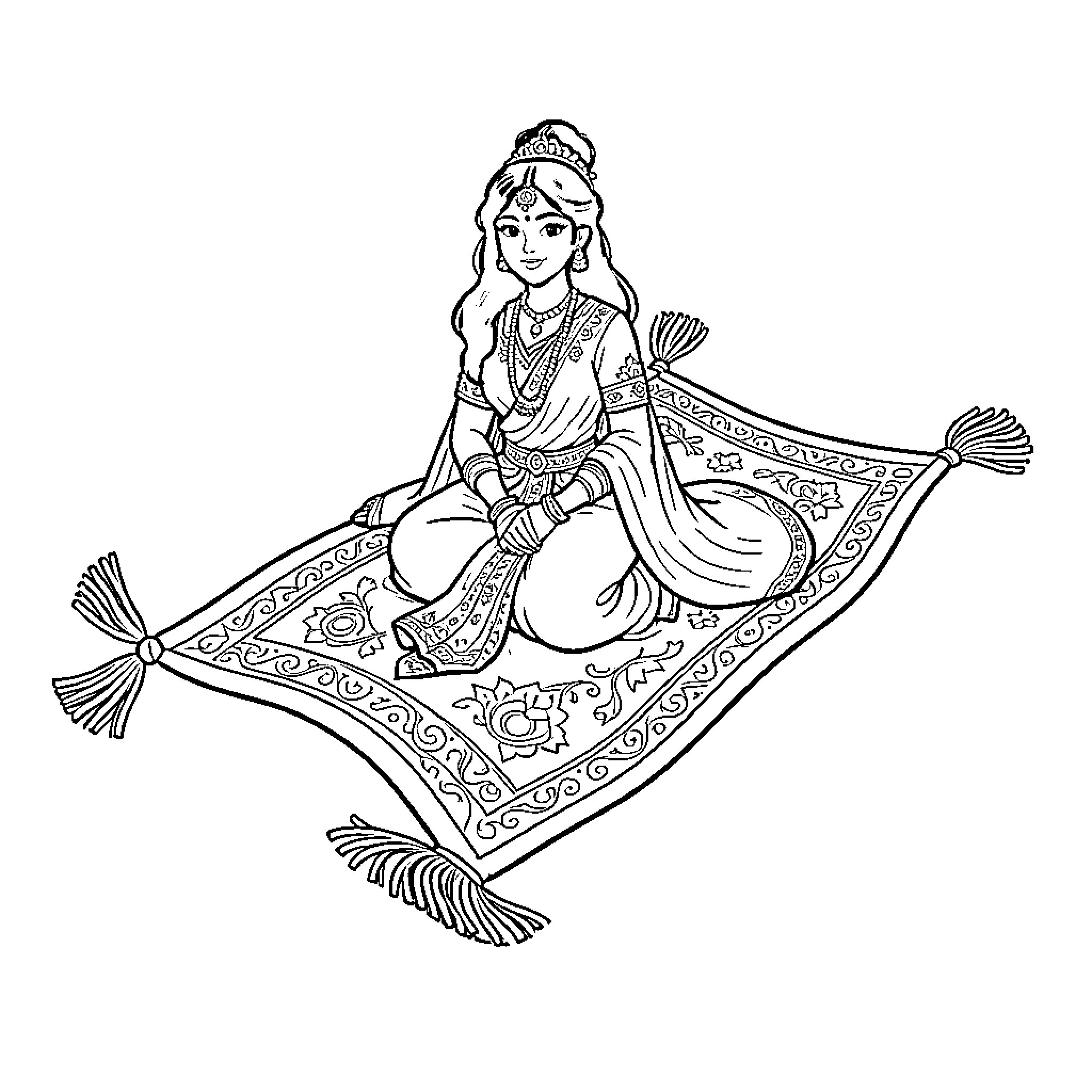 Jasmine sitting gracefully on a magical flying carpet Coloring Page (free black-and-white line drawing printable PDF for all, from beginners to advanced learners, including children, teens, adults, and seniors)
