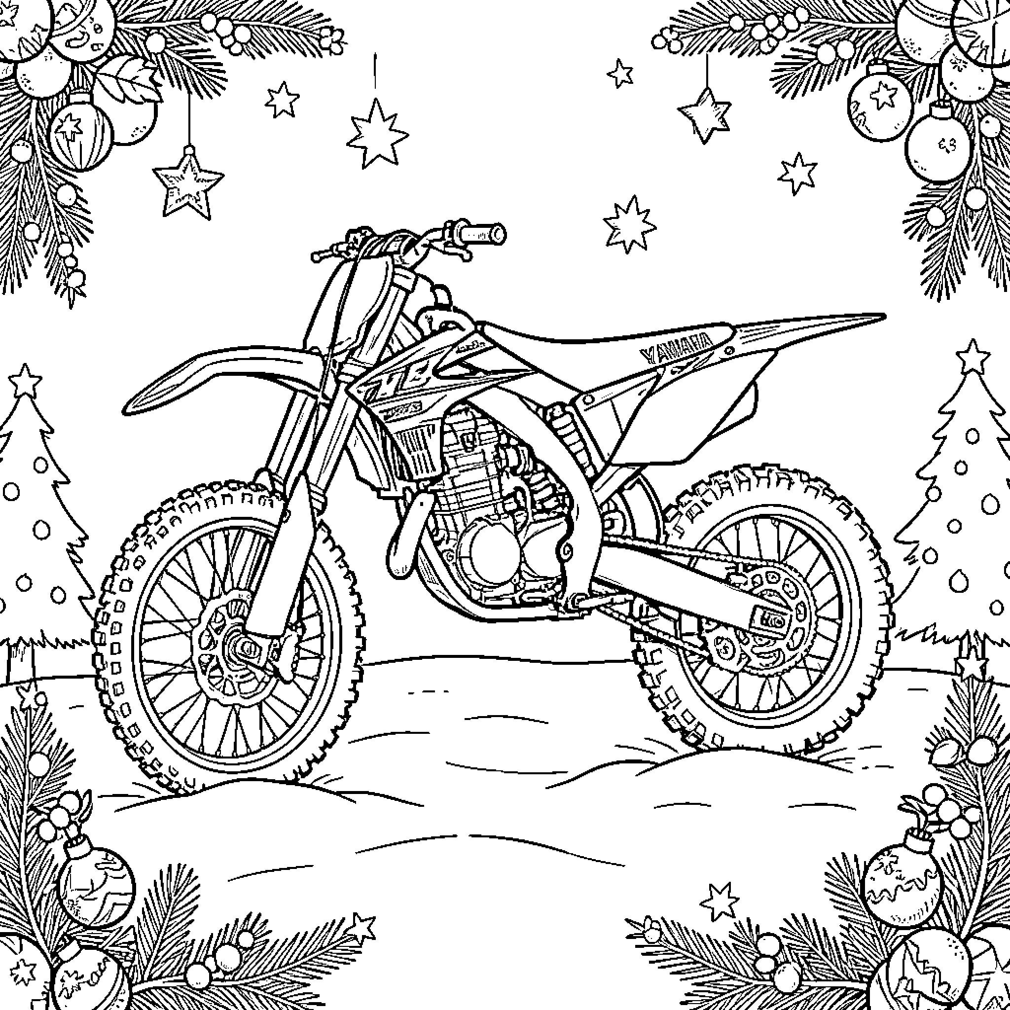 Motocross bike positioned within a festive winter frame Coloring Page (free black-and-white line drawing printable PDF for all, from beginners to advanced learners, including children, teens, adults, and seniors)