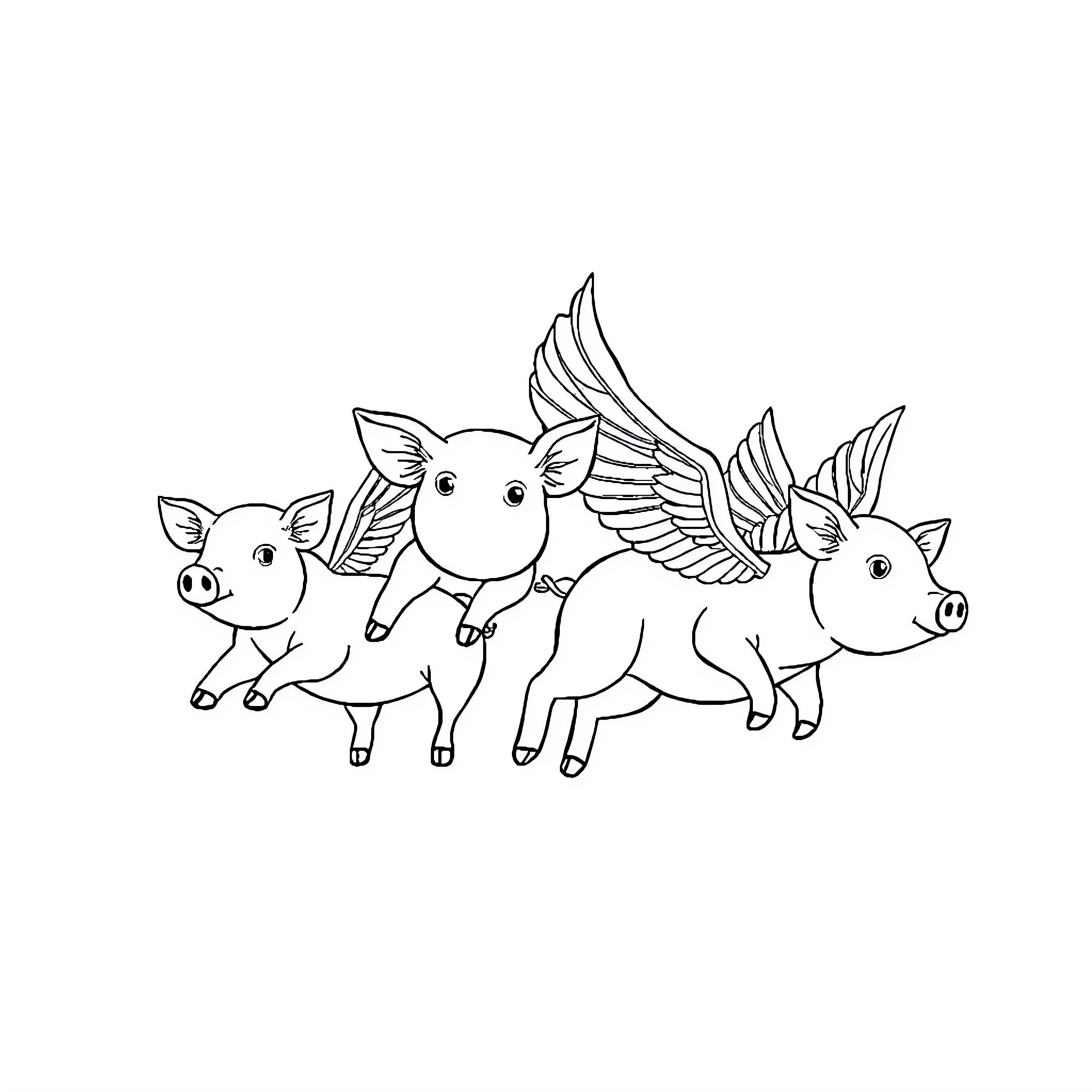Pigs with Wings Flying Together Coloring Page (free black-and-white line drawing printable PDF for all, from beginners to advanced learners, including children, teens, adults, and seniors)