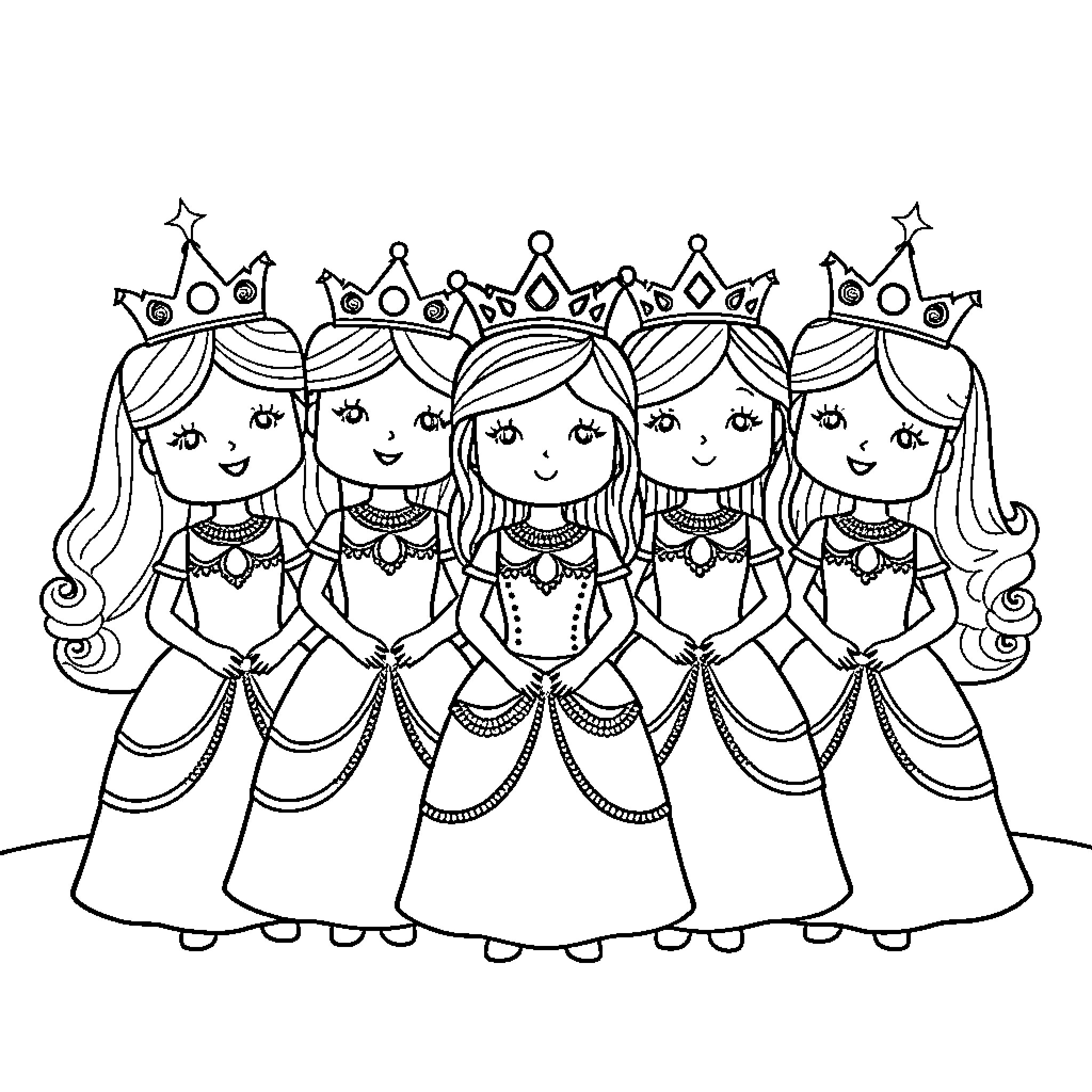 Princess Parade of Elegant Royalty Coloring Page (free black-and-white line drawing printable PDF for all, from beginners to advanced learners, including children, teens, adults, and seniors)