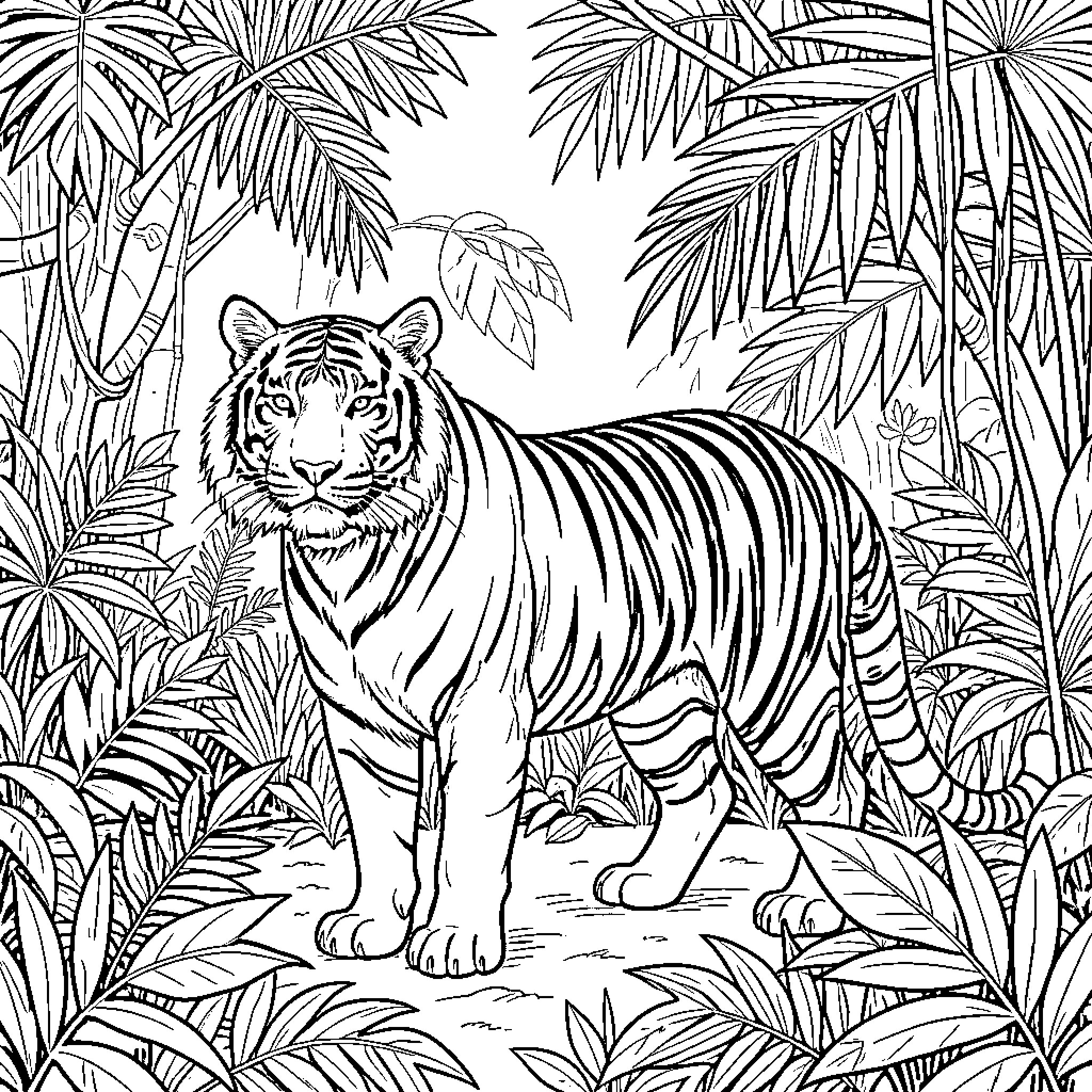 Tiger exploring the lush jungle Coloring Page (free black-and-white line drawing printable PDF for all, from beginners to advanced learners, including children, teens, adults, and seniors)
