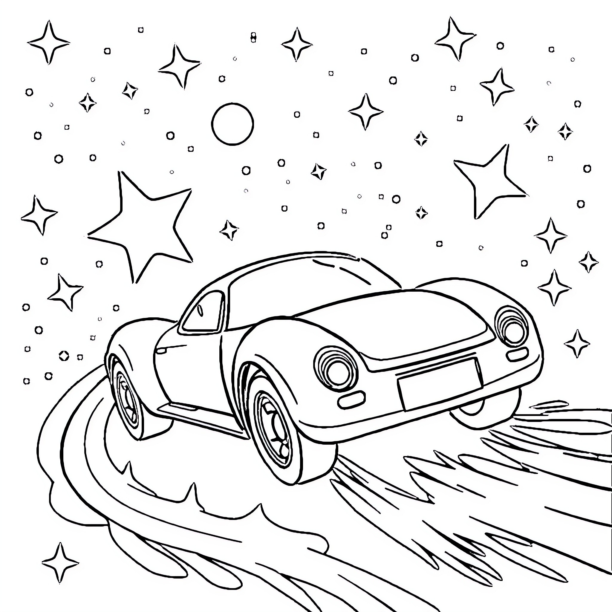Car flying through starry night sky Coloring Page (free black-and-white line drawing printable PDF for all, from beginners to advanced learners, including children, teens, adults, and seniors)