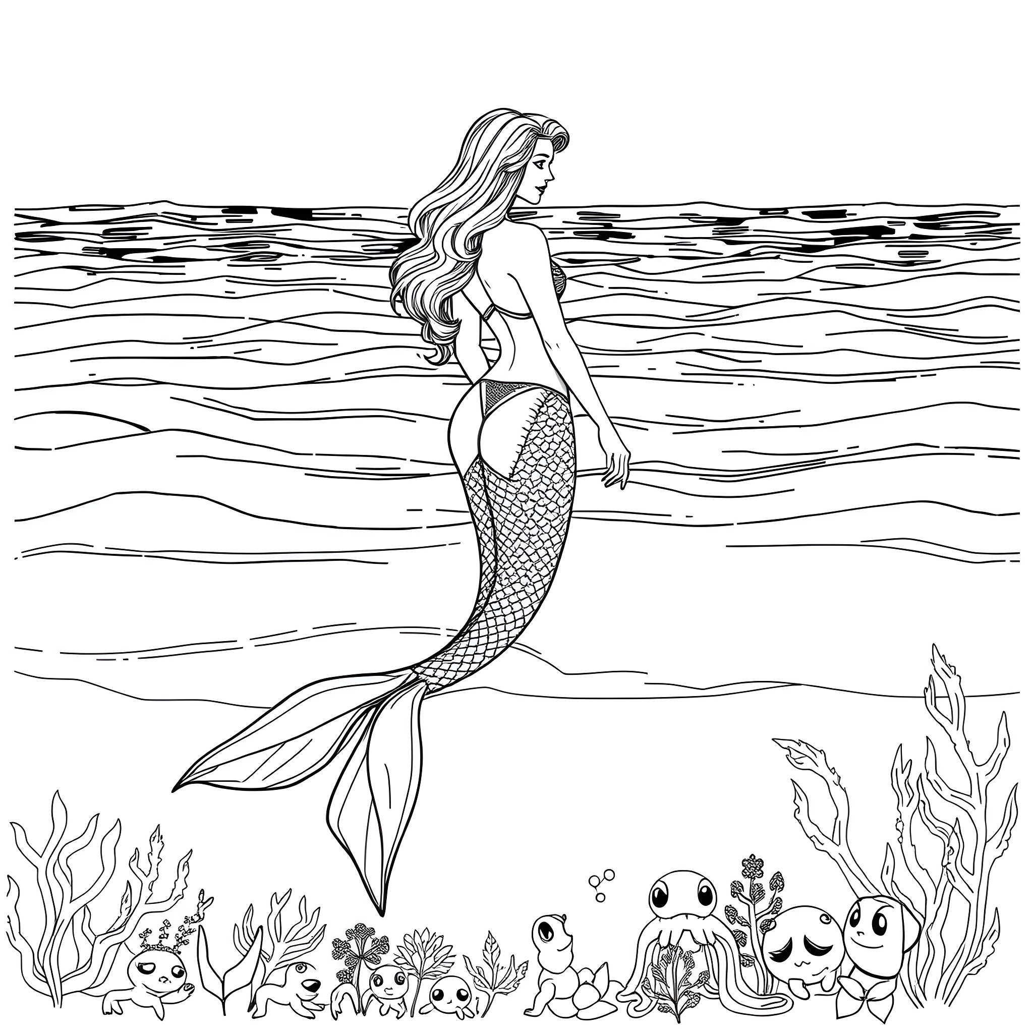 Mermaid swimming gracefully in the ocean Coloring Page (free black-and-white line drawing printable PDF for all, from beginners to advanced learners, including children, teens, adults, and seniors)