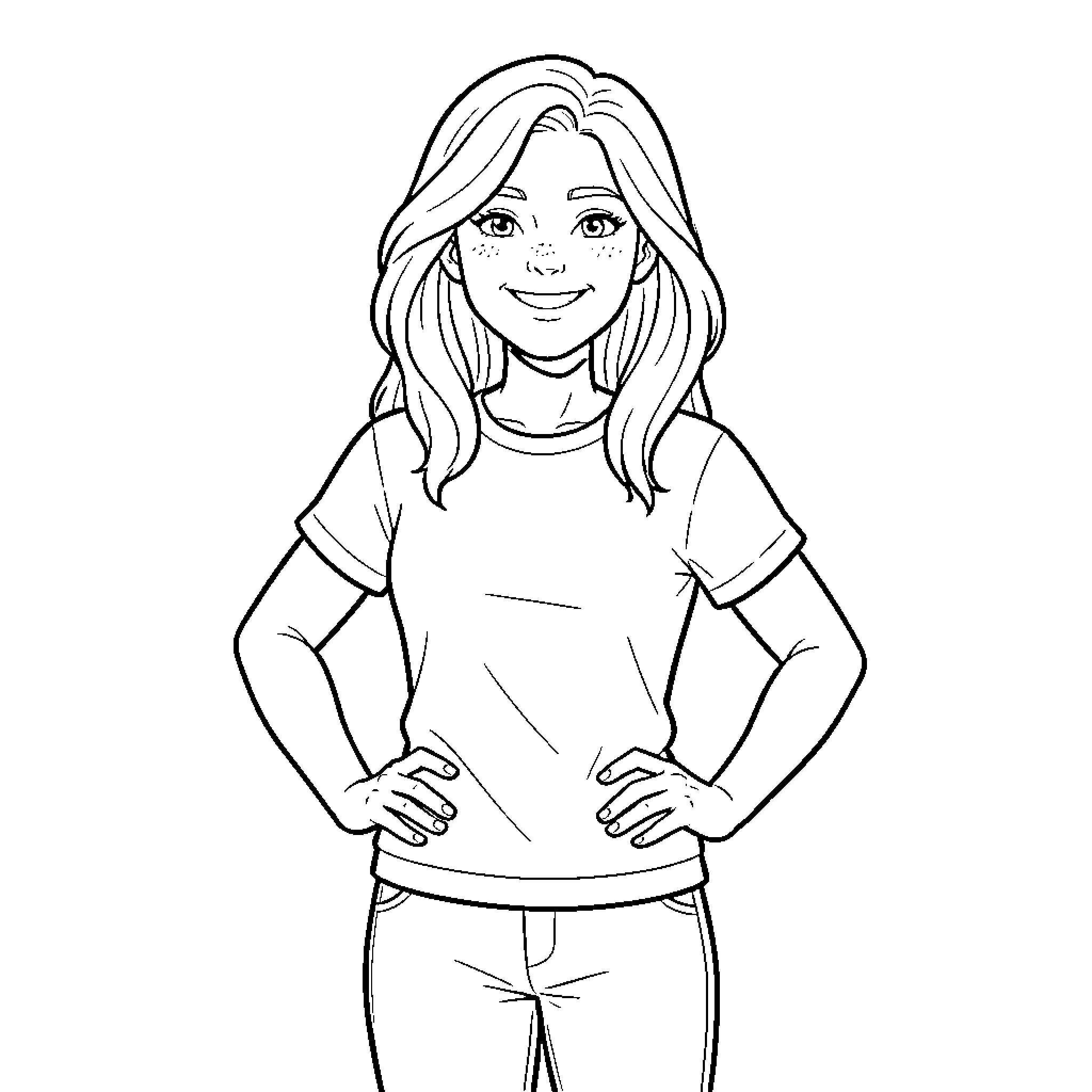 Joscelyn smiling confidently with hands on hips Coloring Page (free black-and-white line drawing printable PDF for all, from beginners to advanced learners, including children, teens, adults, and seniors)