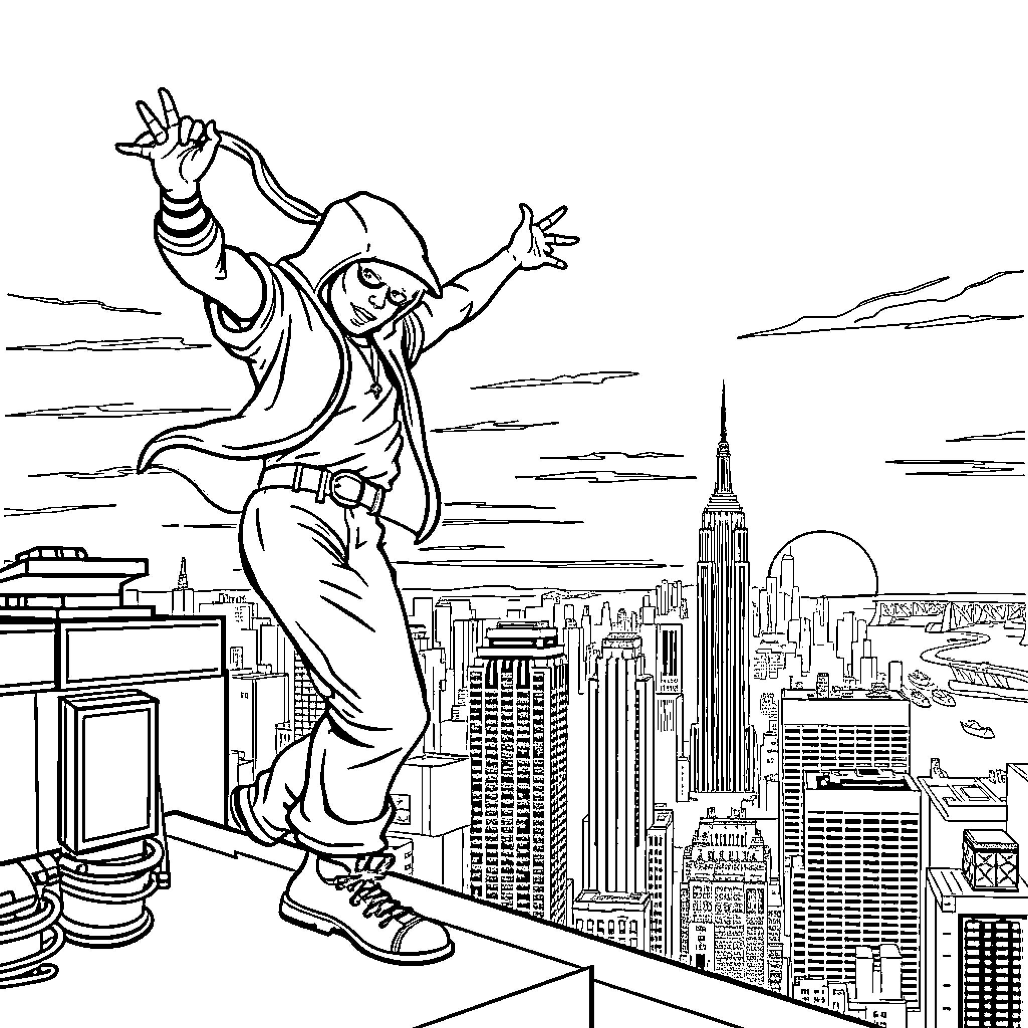 Robinhood standing atop skyscrapers with outstretched arms Coloring Page (free black-and-white line drawing printable PDF for all, from beginners to advanced learners, including children, teens, adults, and seniors)