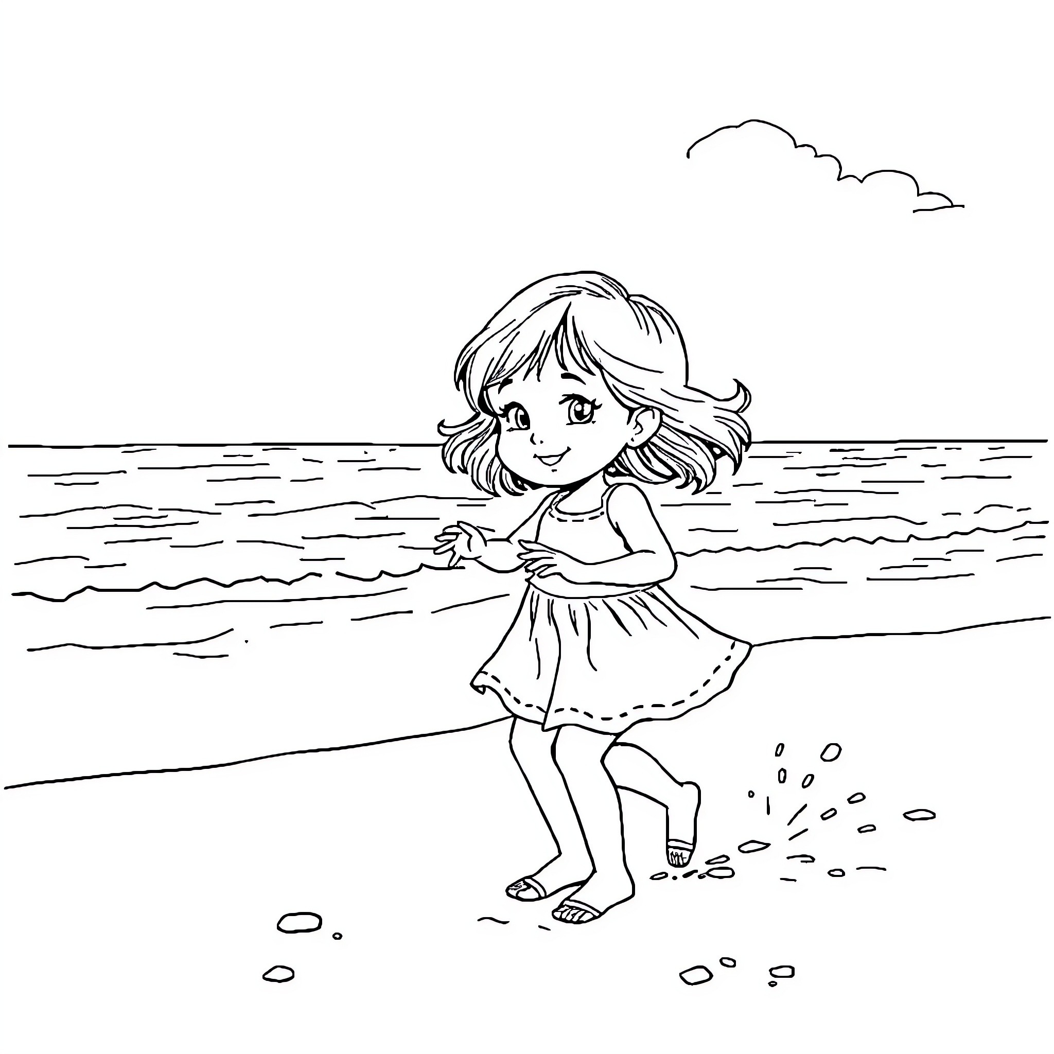 Fille playing happily on the beach Coloring Page (free black-and-white line drawing printable PDF for all, from beginners to advanced learners, including children, teens, adults, and seniors)