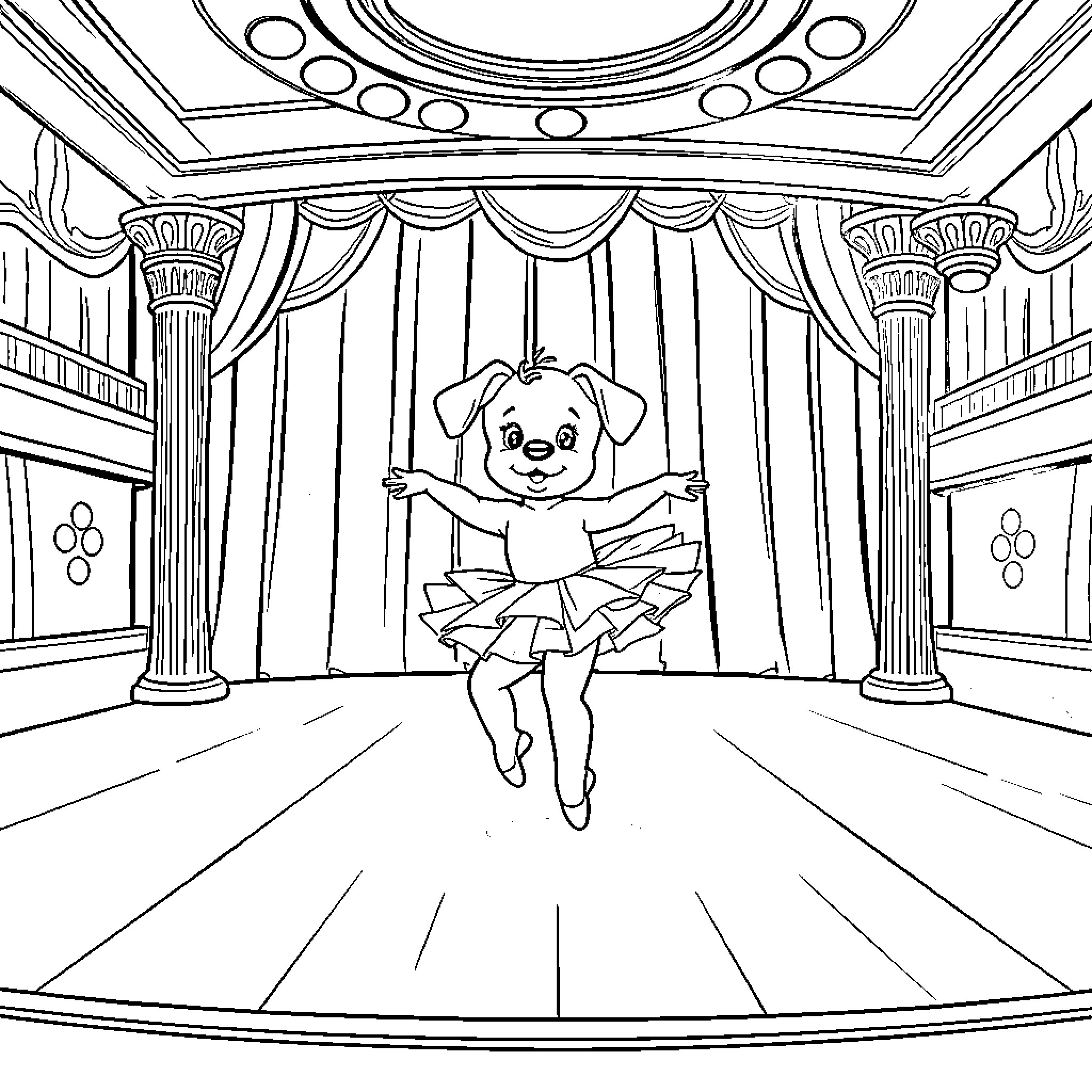 Puppy Ballerina Dances on Stage Coloring Page (free black-and-white line drawing printable PDF for all, from beginners to advanced learners, including children, teens, adults, and seniors)
