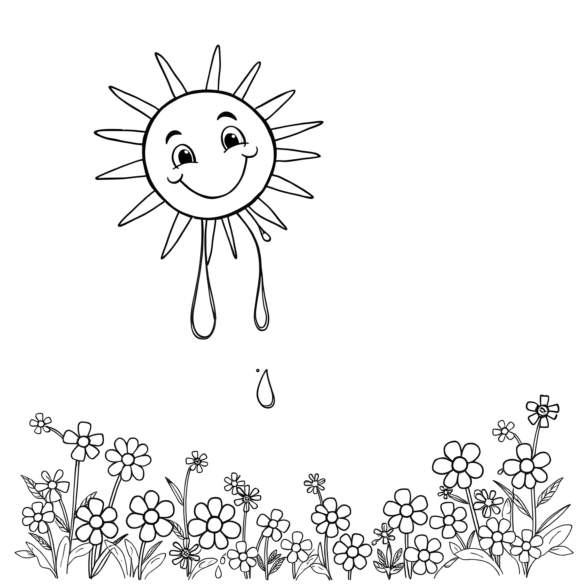 Water splashing from a happy sun over flowers Coloring Page (free black-and-white line drawing printable PDF for all, from beginners to advanced learners, including children, teens, adults, and seniors)