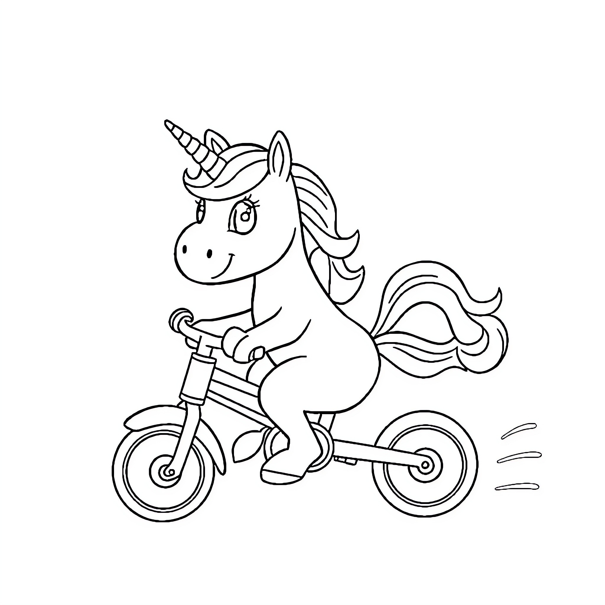 Unicorn riding a bicycle happily Coloring Page (free black-and-white line drawing printable PDF for all, from beginners to advanced learners, including children, teens, adults, and seniors)