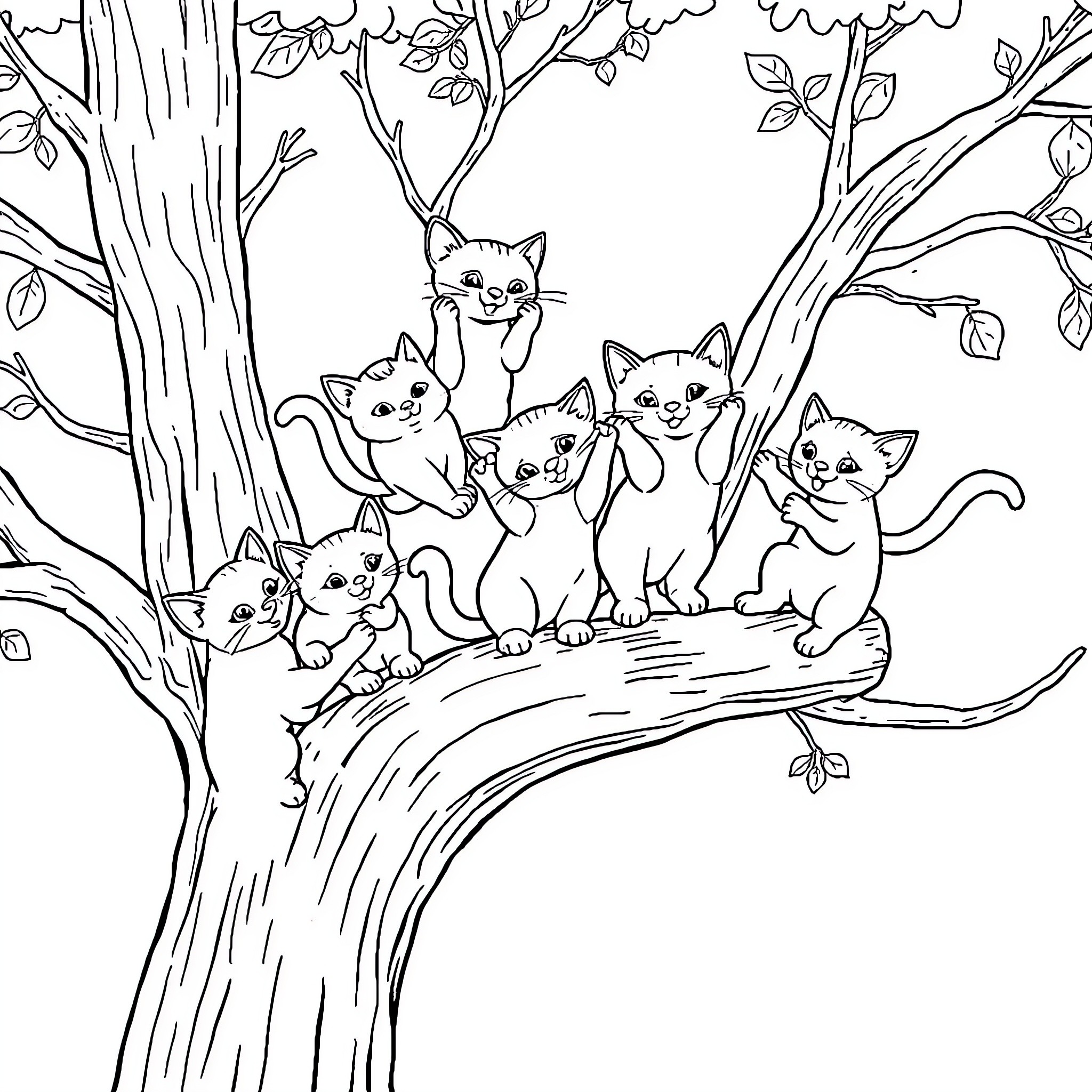 Kittens playing in a tree Coloring Page (free black-and-white line drawing printable PDF for all, from beginners to advanced learners, including children, teens, adults, and seniors)