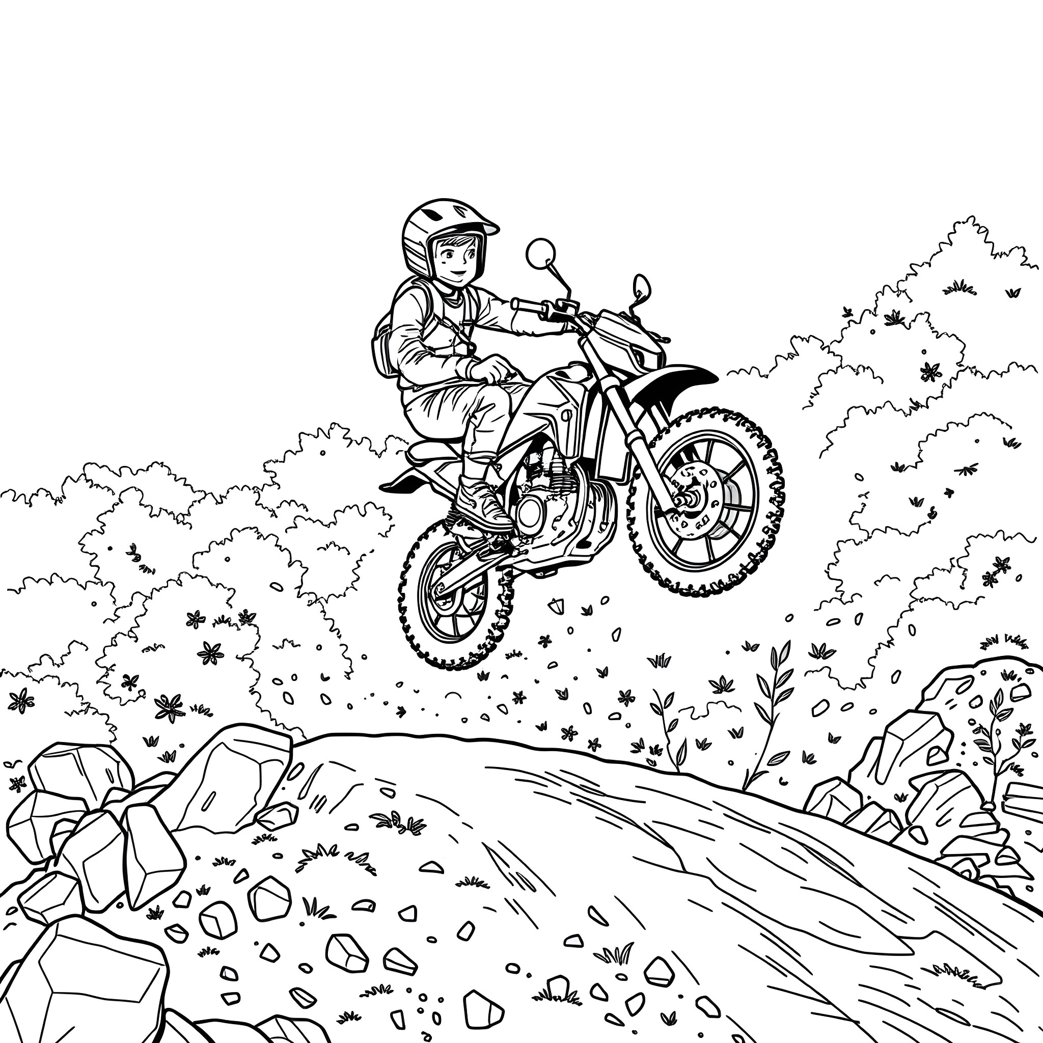 Kid riding dirt bike through rocky terrain Coloring Page (free black-and-white line drawing printable PDF for all, from beginners to advanced learners, including children, teens, adults, and seniors)