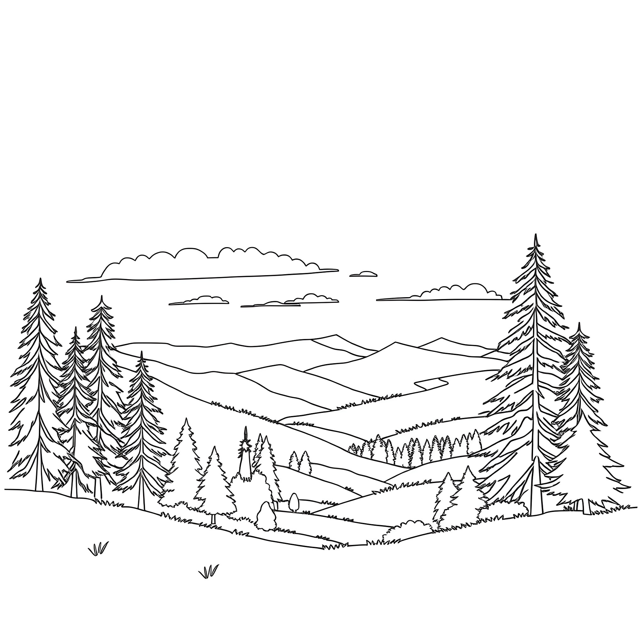 Thank You for the Peaceful Mountain Landscape Coloring Page (free black-and-white line drawing printable PDF for all, from beginners to advanced learners, including children, teens, adults, and seniors)