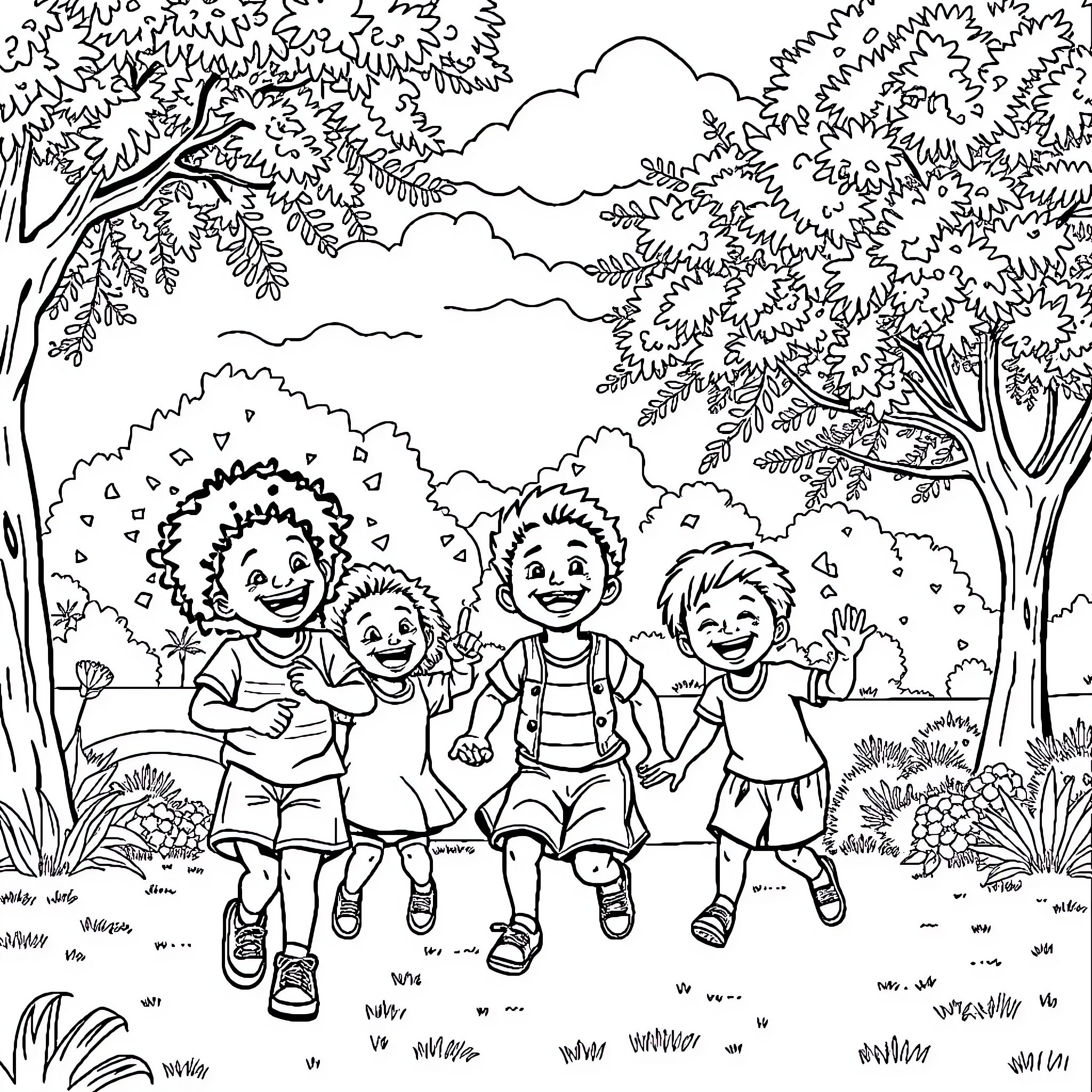 Children playing happily in a scenic outdoor setting Coloring Page (free black-and-white line drawing printable PDF for all, from beginners to advanced learners, including children, teens, adults, and seniors)
