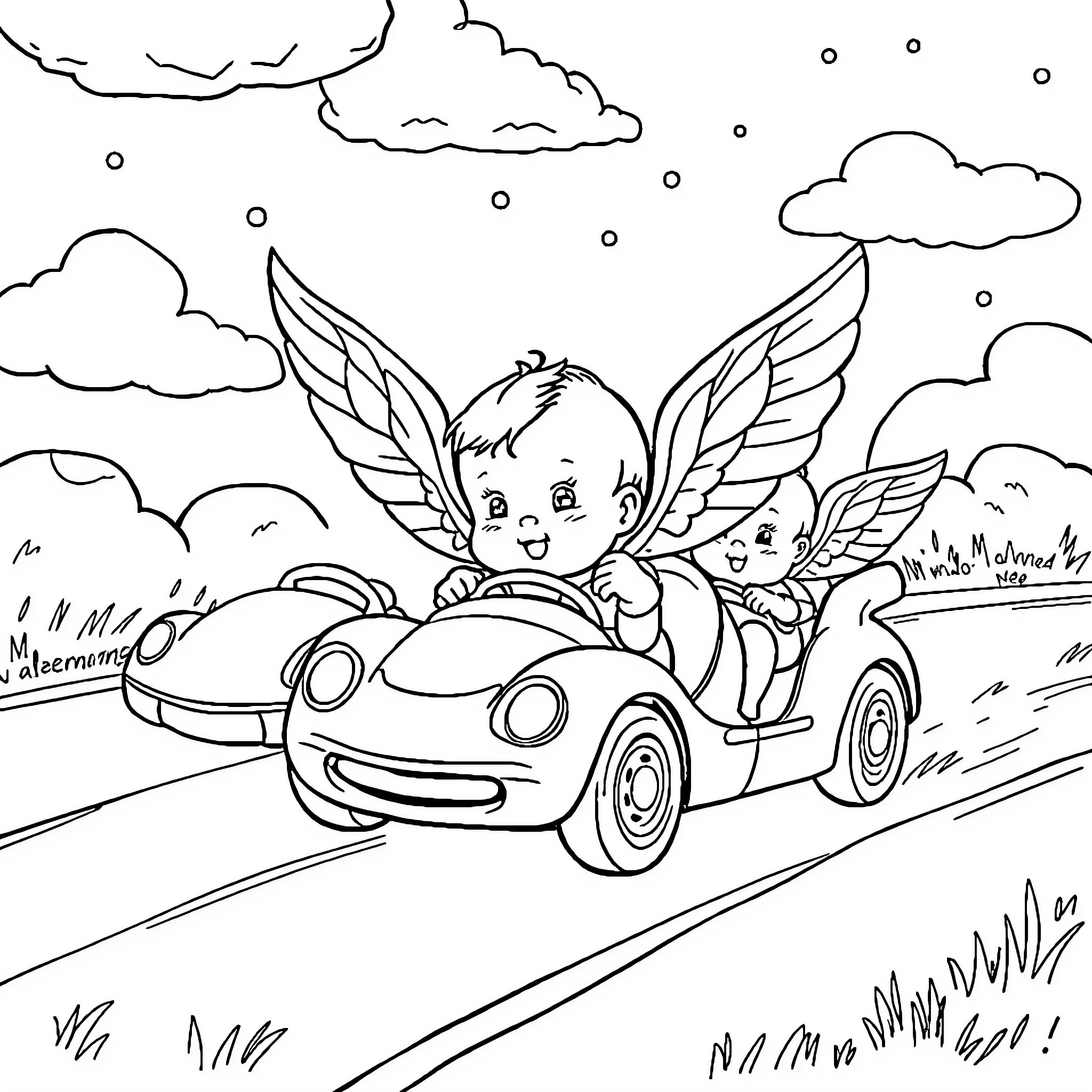 Baby angels riding a car in the clouds Coloring Page (free black-and-white line drawing printable PDF for all, from beginners to advanced learners, including children, teens, adults, and seniors)