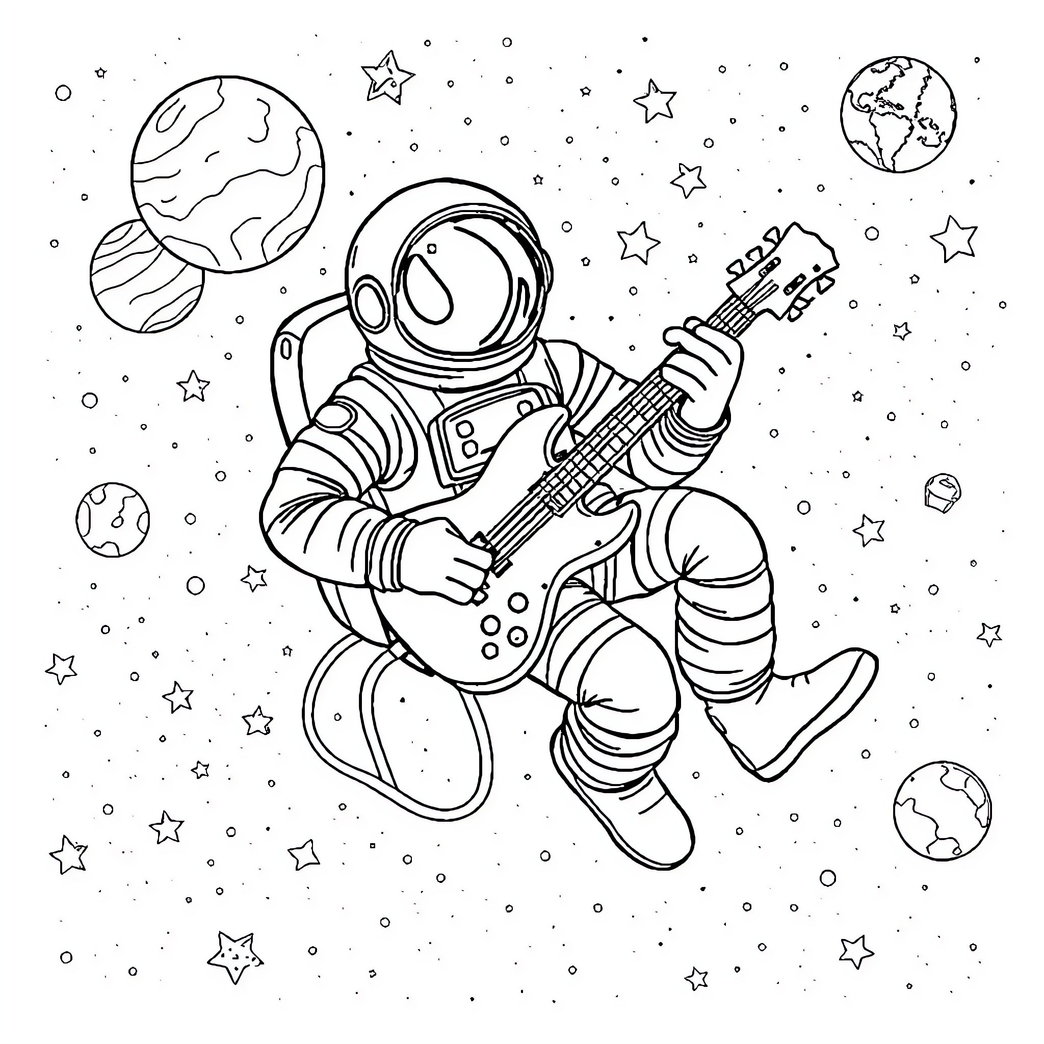 Astronaut playing guitar in outer space Coloring Page (free black-and-white line drawing printable PDF for all, from beginners to advanced learners, including children, teens, adults, and seniors)
