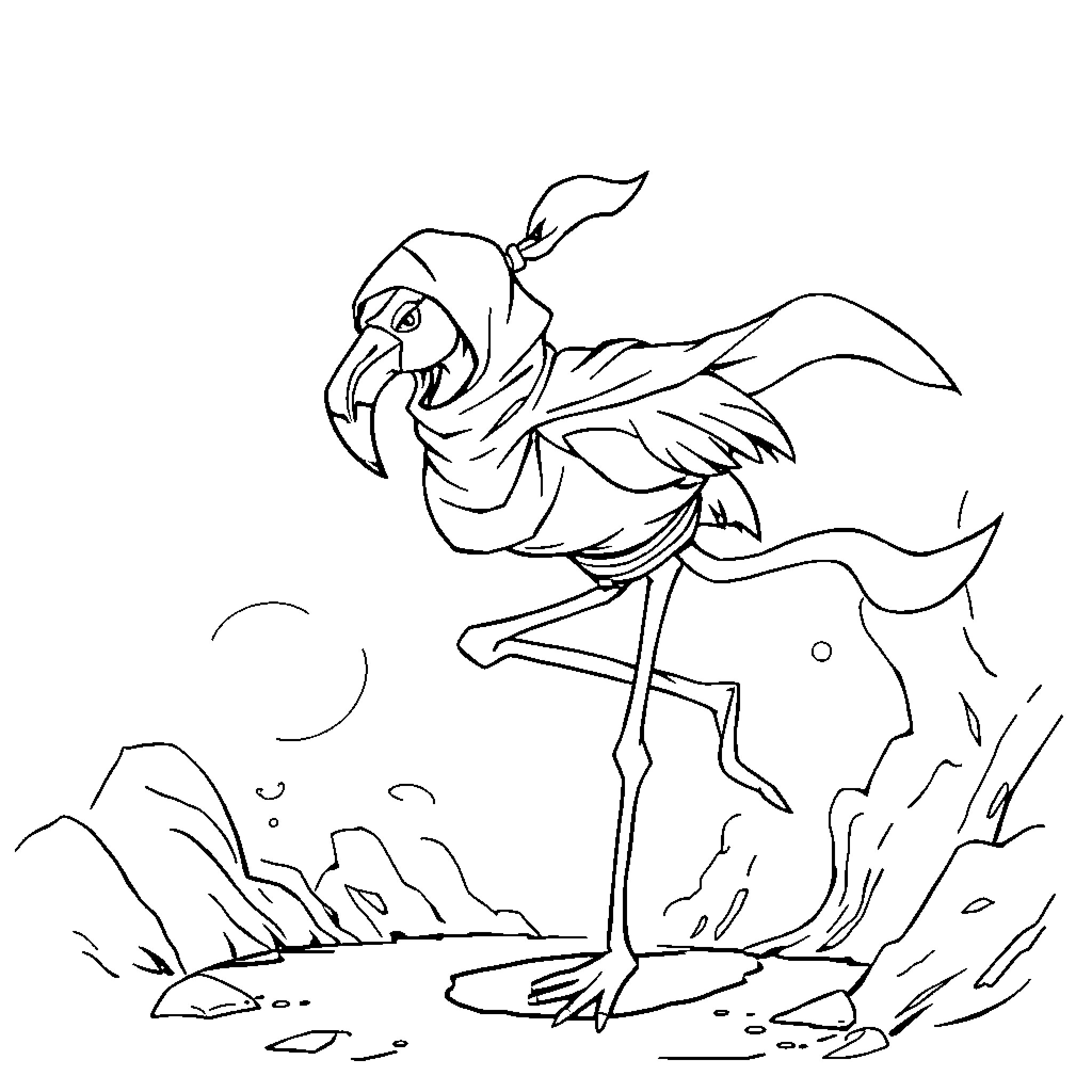 Flamingo dancing gracefully on rocky terrain Coloring Page (free black-and-white line drawing printable PDF for all, from beginners to advanced learners, including children, teens, adults, and seniors)