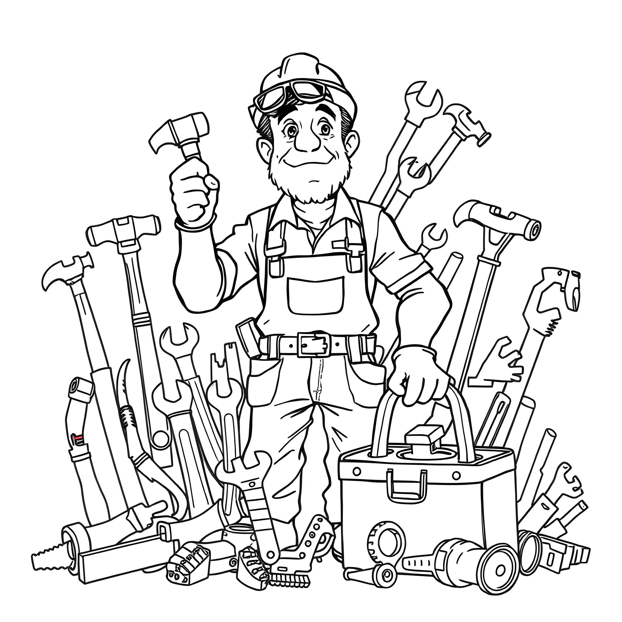 Handyman surrounded by tools and equipment Coloring Page (free black-and-white line drawing printable PDF for all, from beginners to advanced learners, including children, teens, adults, and seniors)